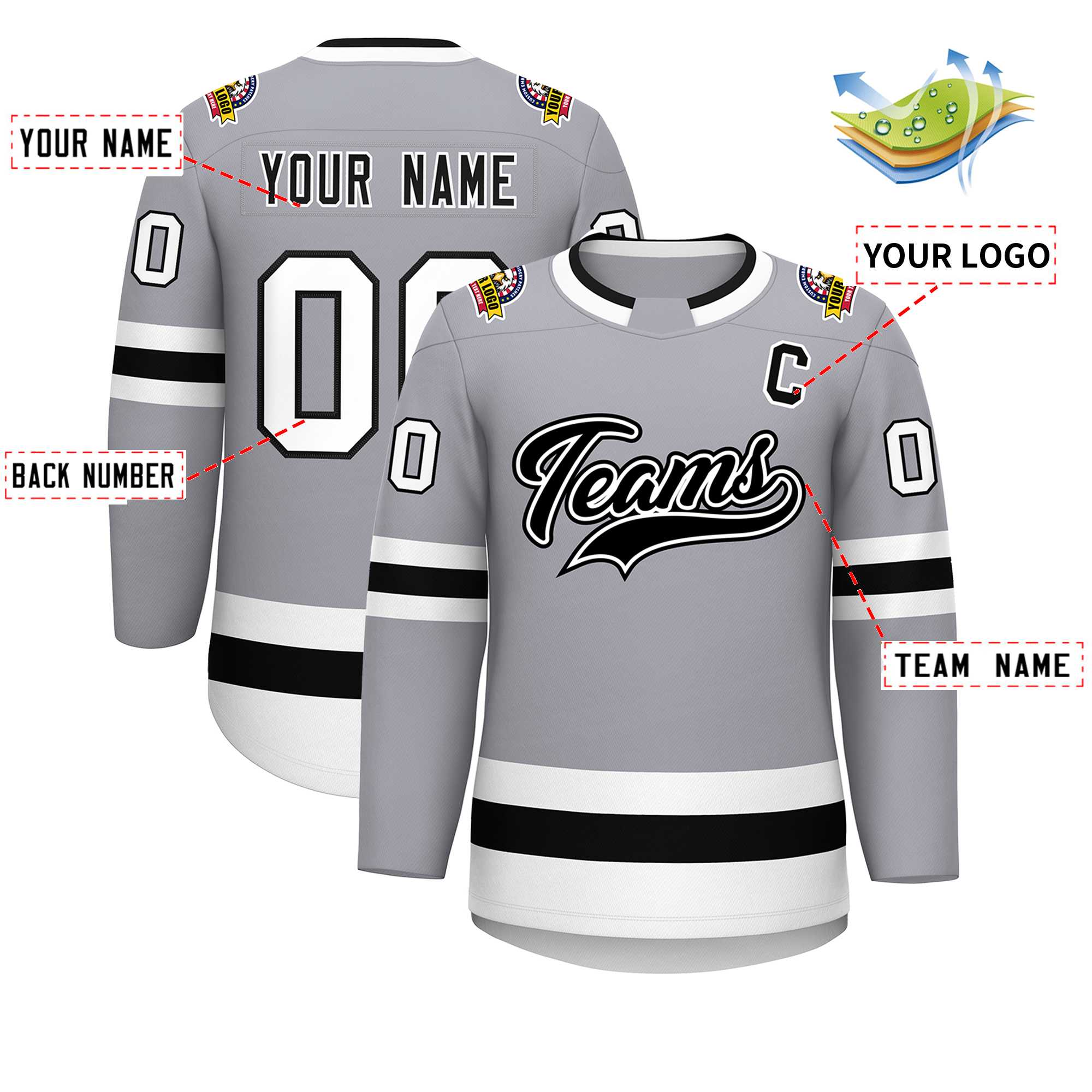 Custom Gray Black White-Black Classic Style Hockey Jersey