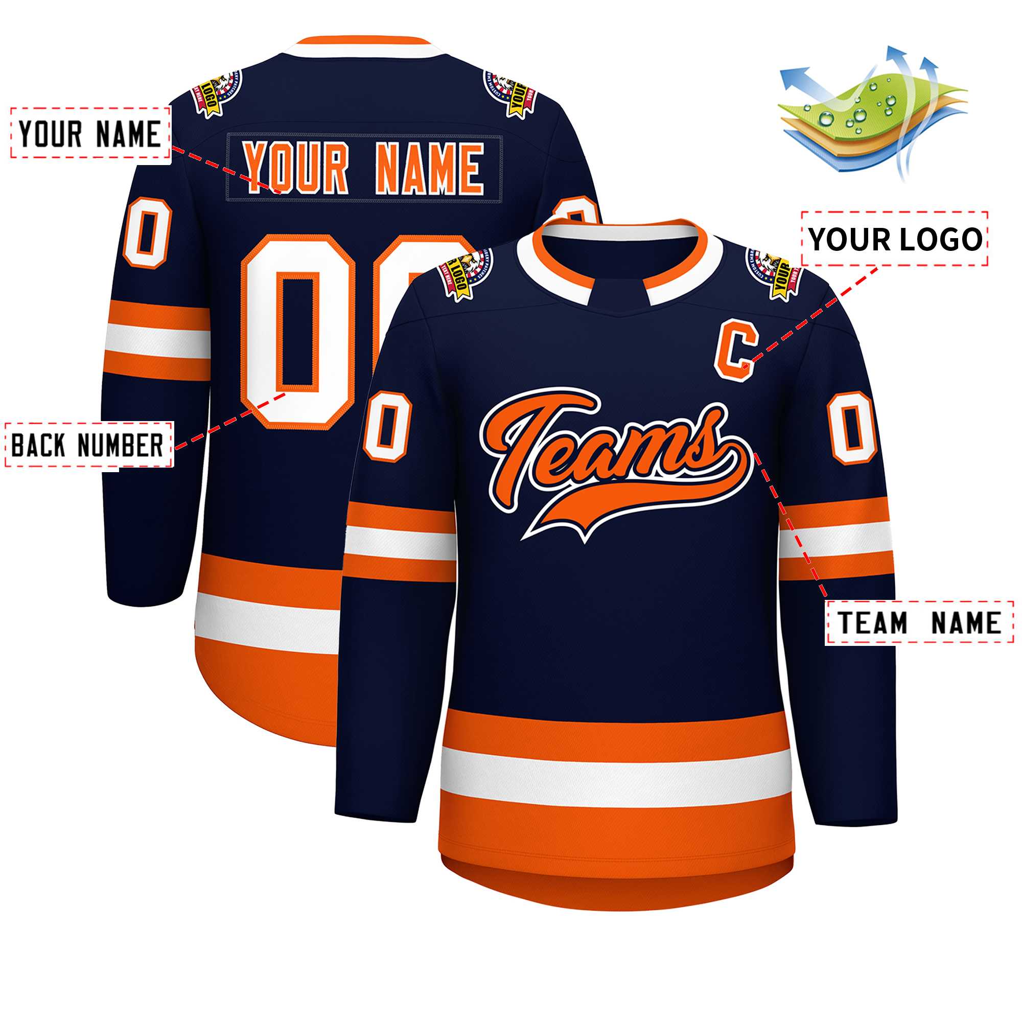 Maillot de hockey de style classique personnalisé bleu marine orange marine-blanc