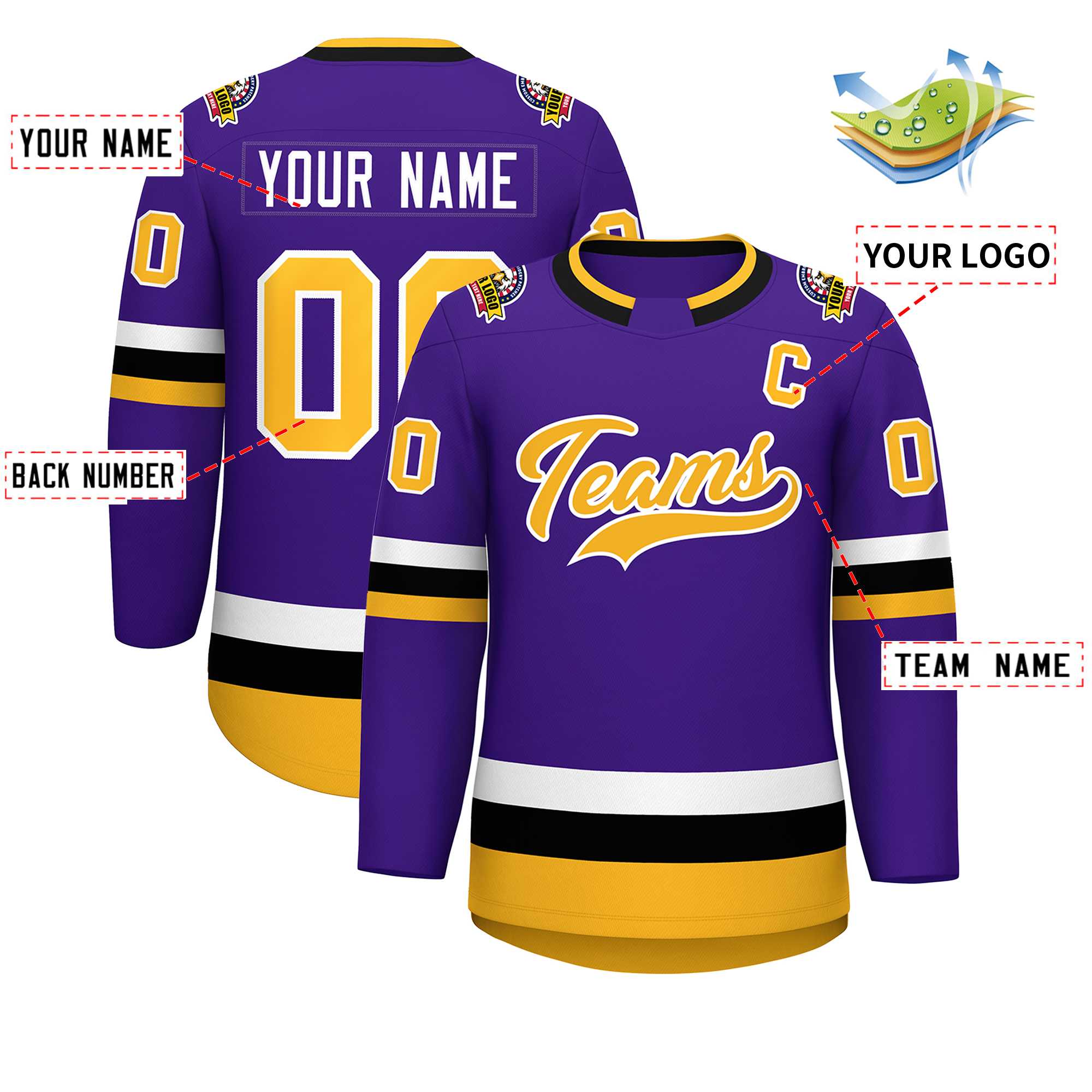 Maillot de hockey de style classique violet or-blanc personnalisé