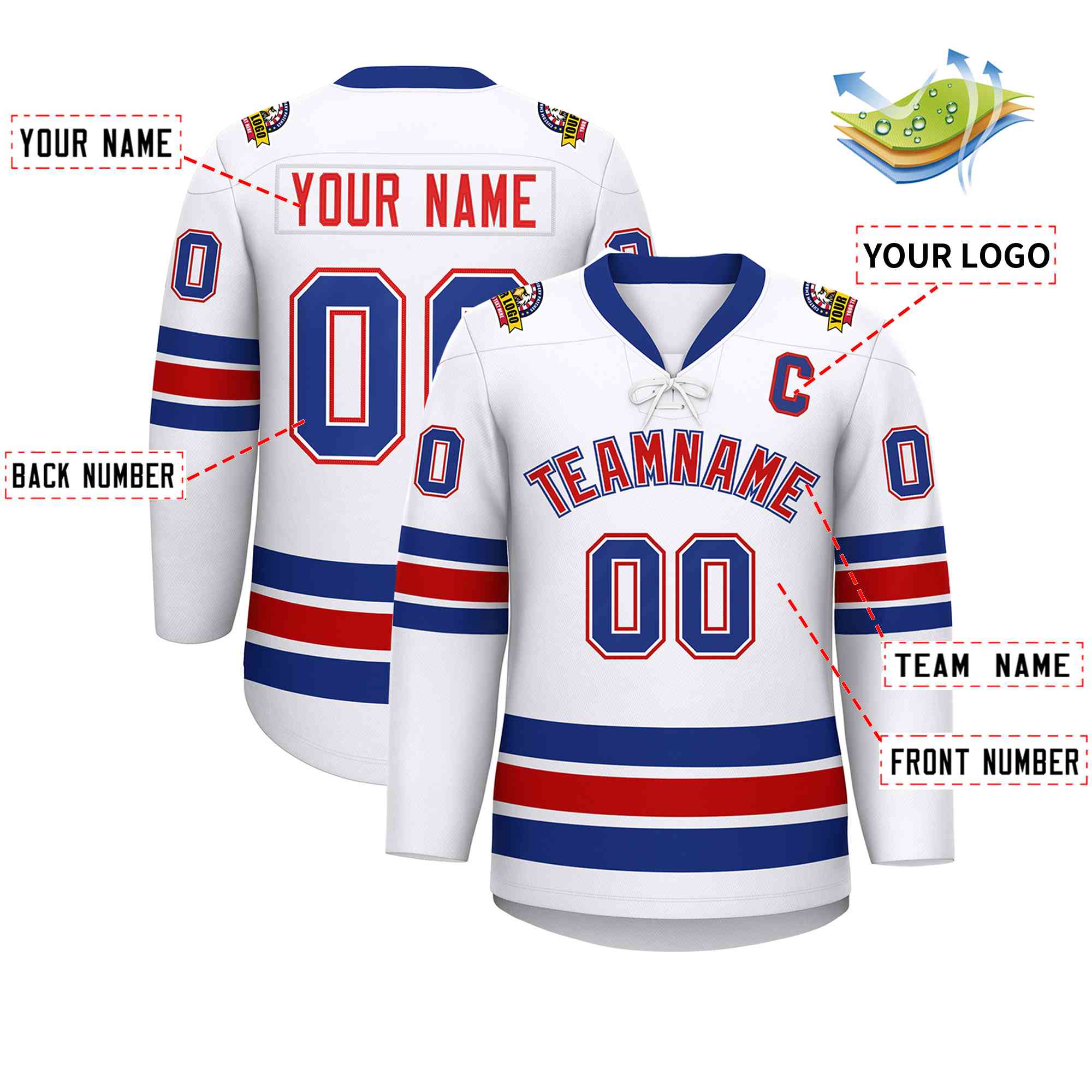 Custom White Royal-Red Lace-Up Neck Hockey Jersey