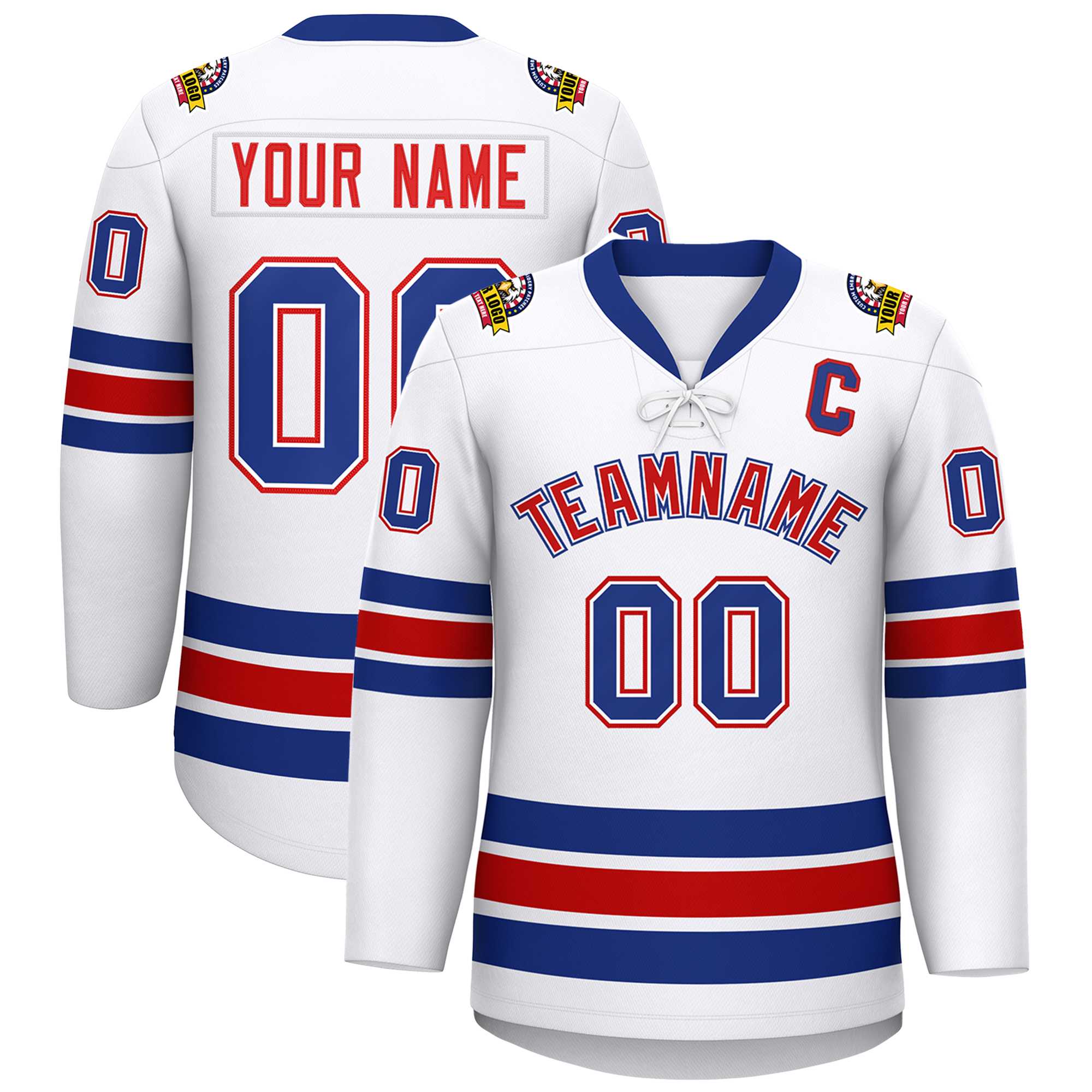 Custom White Royal-Red Lace-Up Neck Hockey Jersey