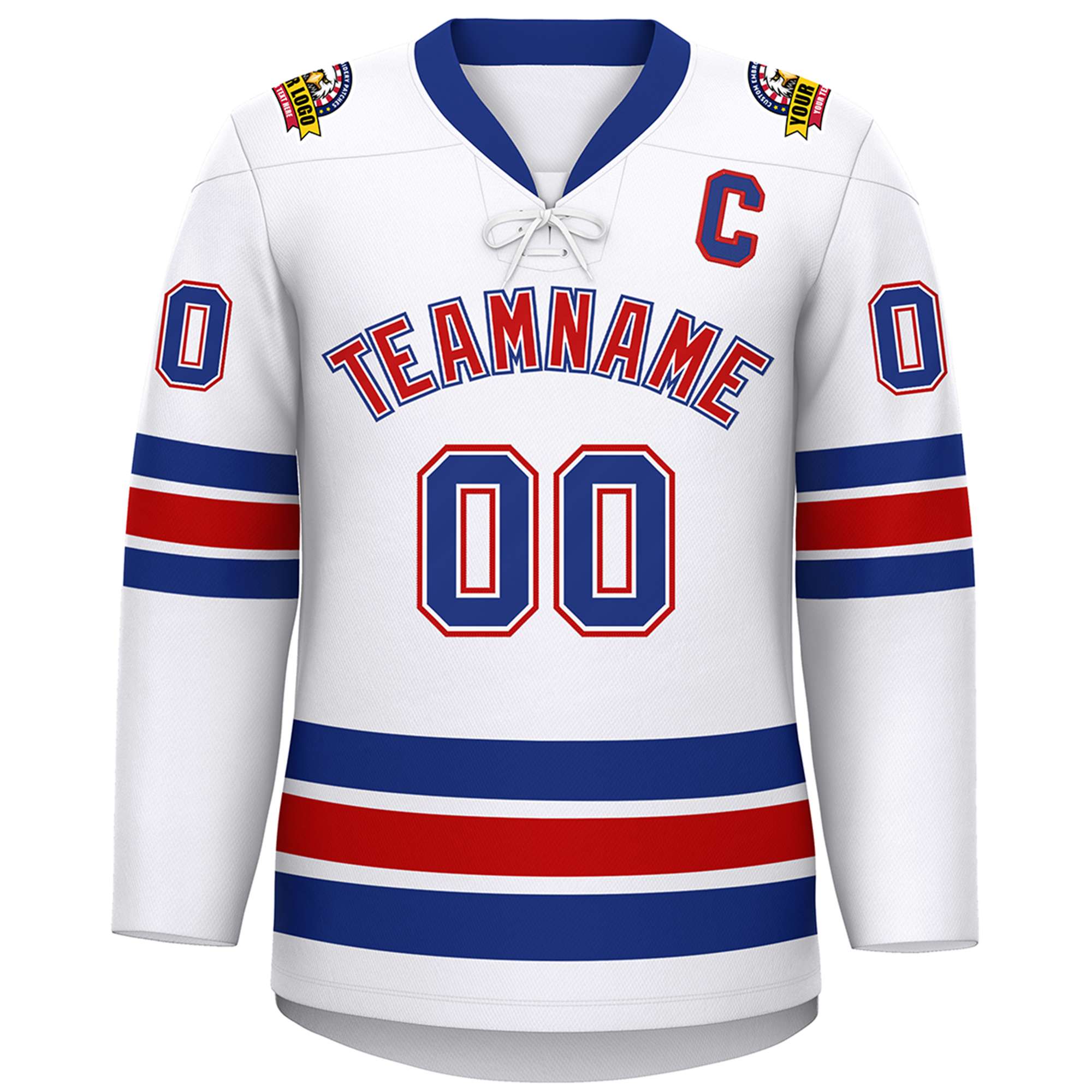 Custom White Royal-Red Lace-Up Neck Hockey Jersey