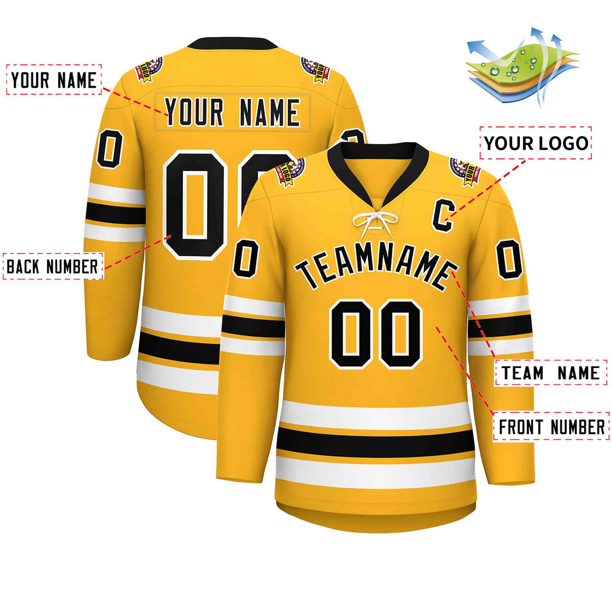 Custom Gold Black-White Lace-Up Neck Hockey Jersey