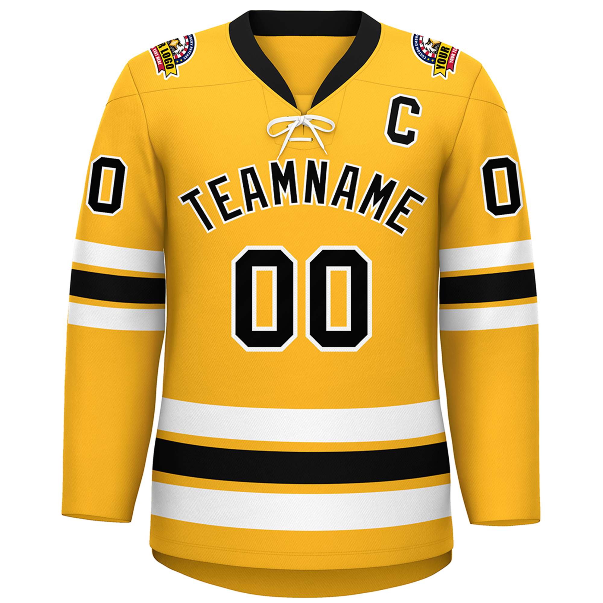 Custom Gold Black-White Lace-Up Neck Hockey Jersey