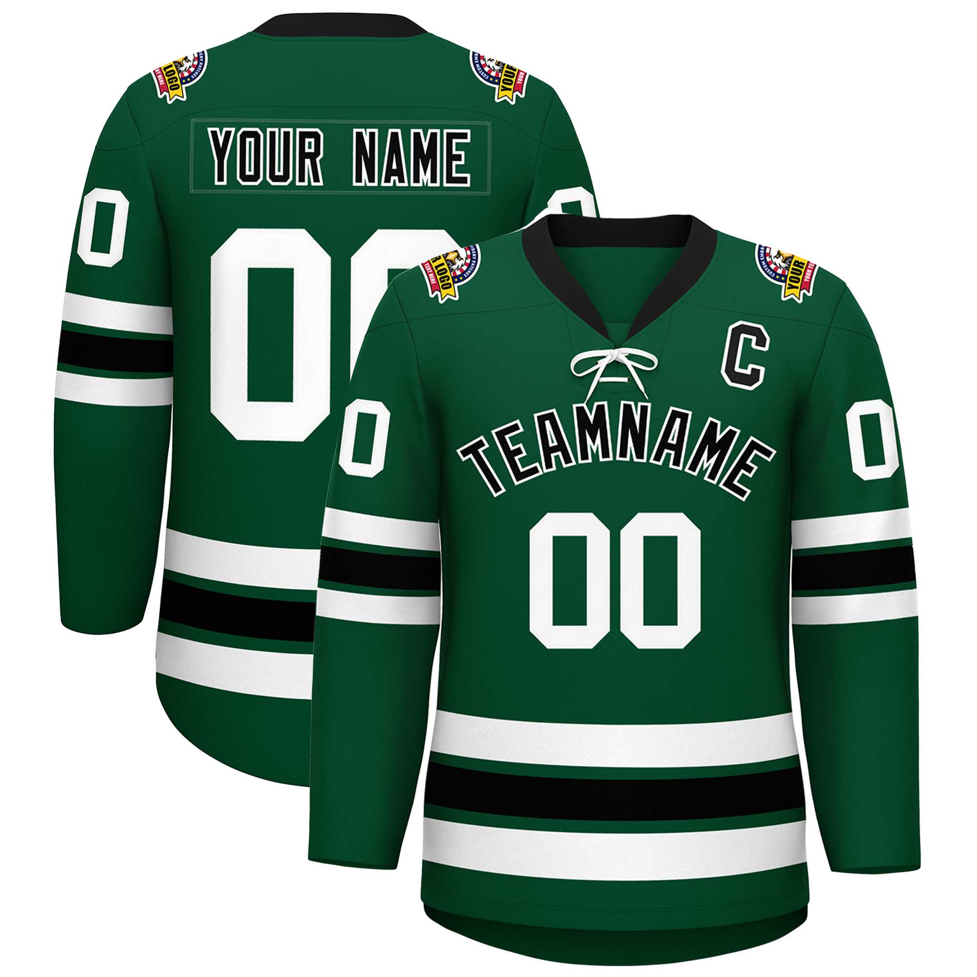 Custom Green Black-White Lace-Up Neck Hockey Jersey