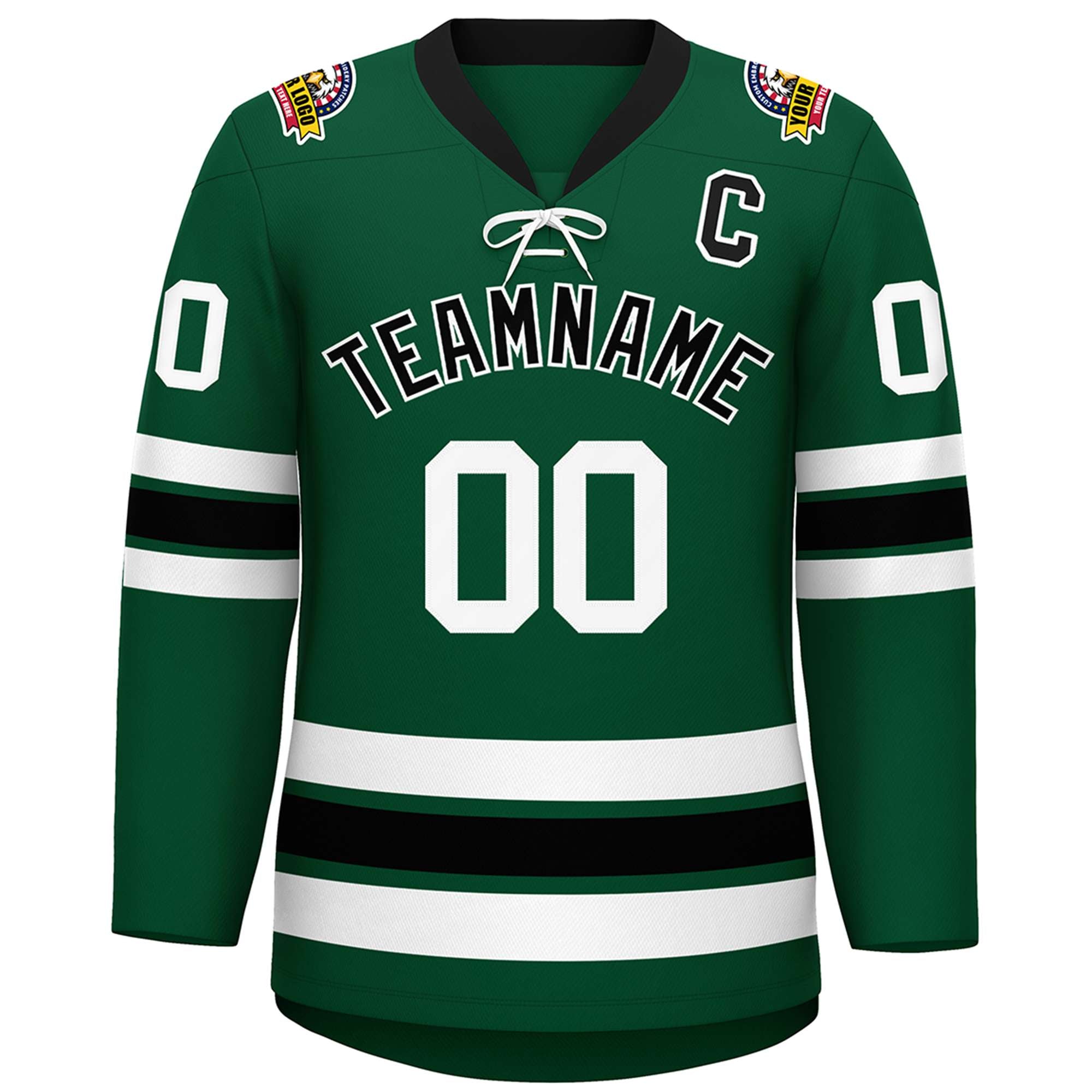 Custom Green Black-White Lace-Up Neck Hockey Jersey