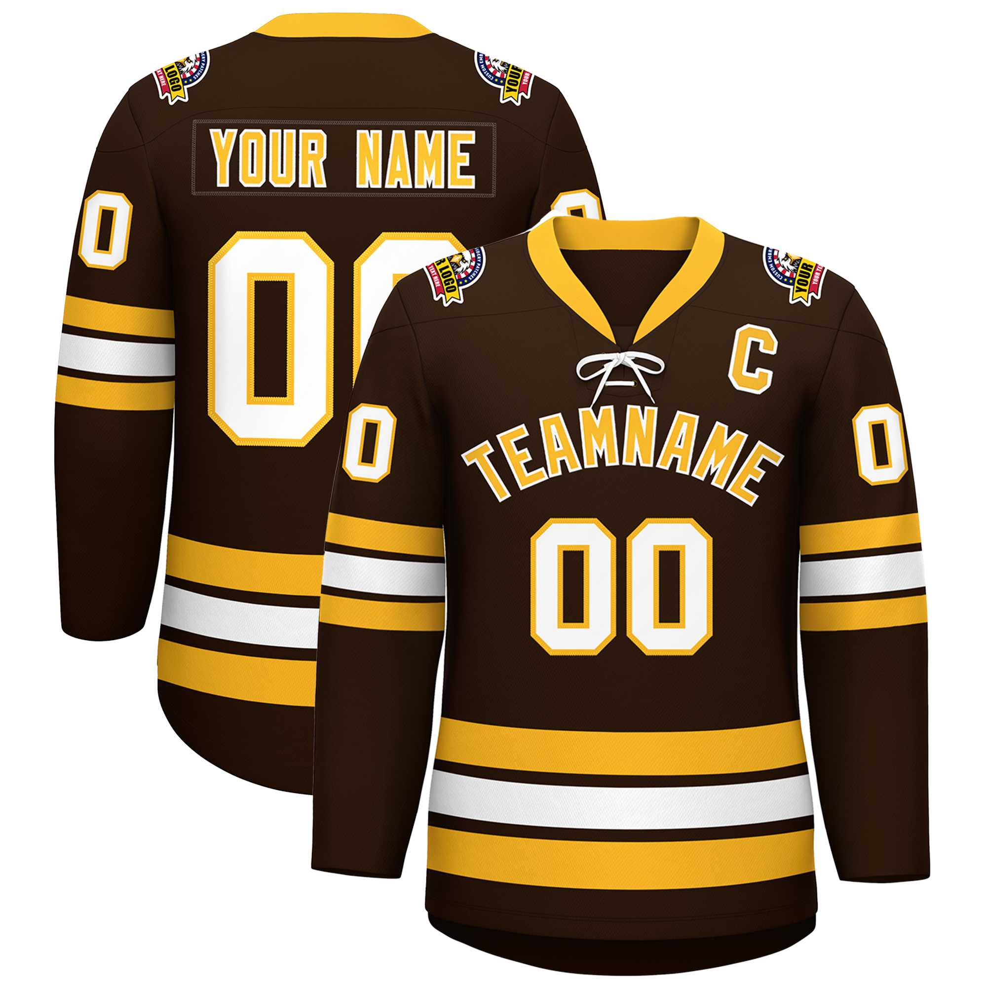 Custom Brown Yellow-White Lace-Up Neck Hockey Jersey