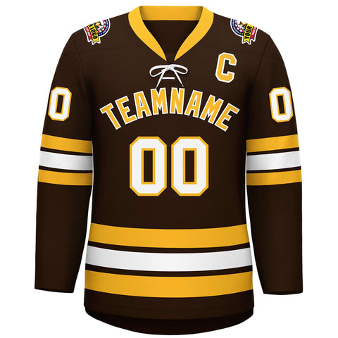 Custom Brown Yellow-White Lace-Up Neck Hockey Jersey