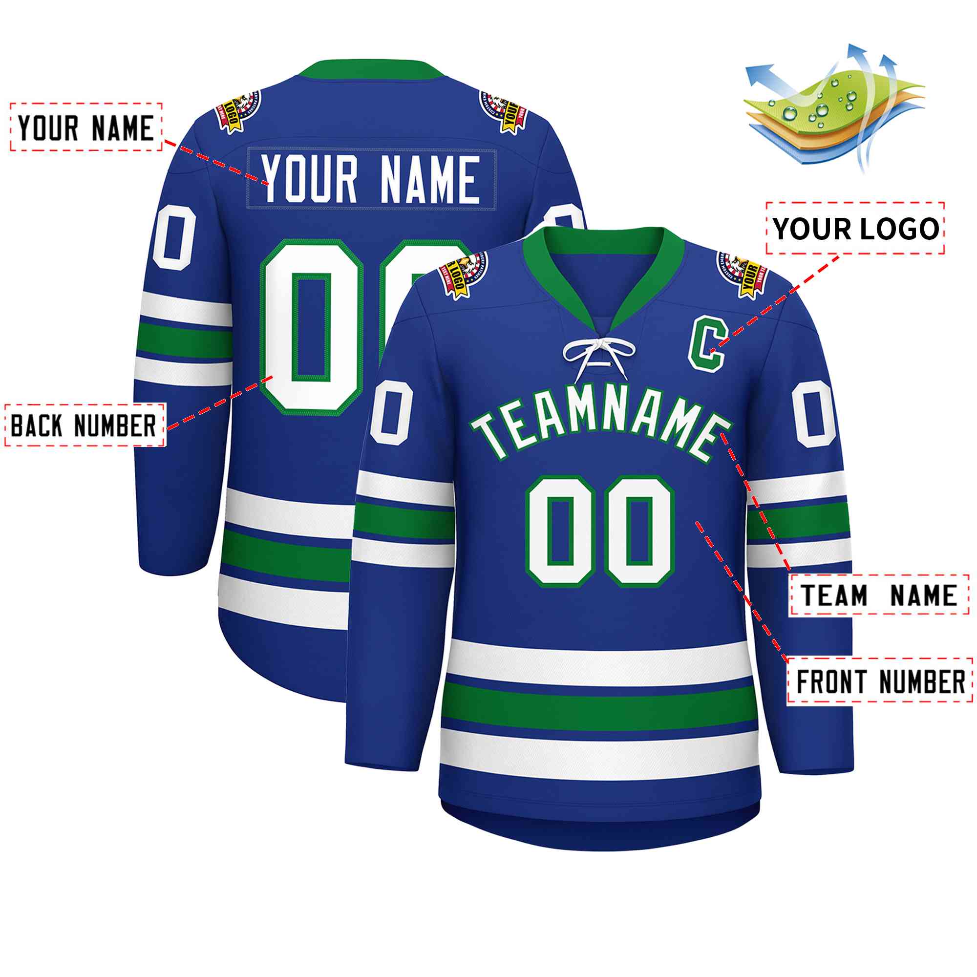 Custom Royal White-Kelly Green Lace-Up Neck Hockey Jersey