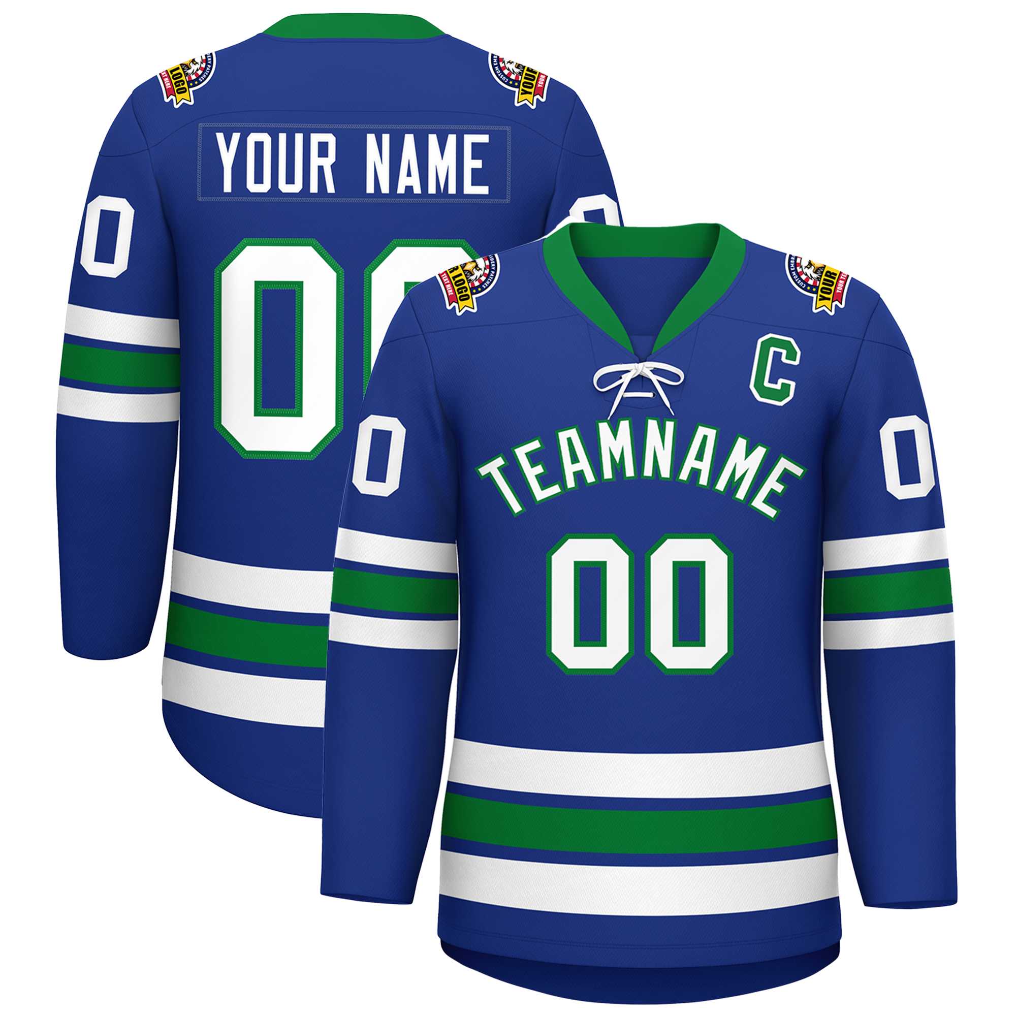 Custom Royal White-Kelly Green Lace-Up Neck Hockey Jersey