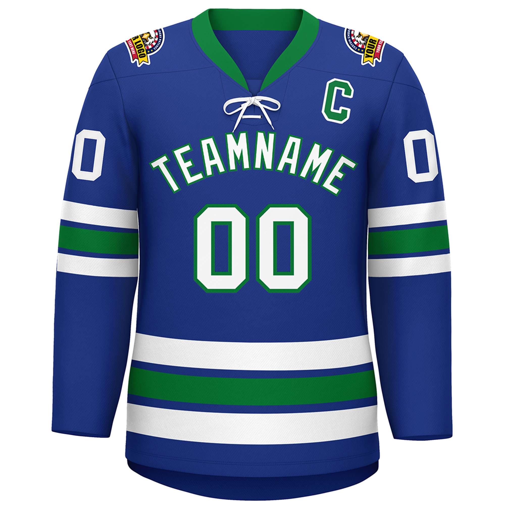 Custom Royal White-Kelly Green Lace-Up Neck Hockey Jersey