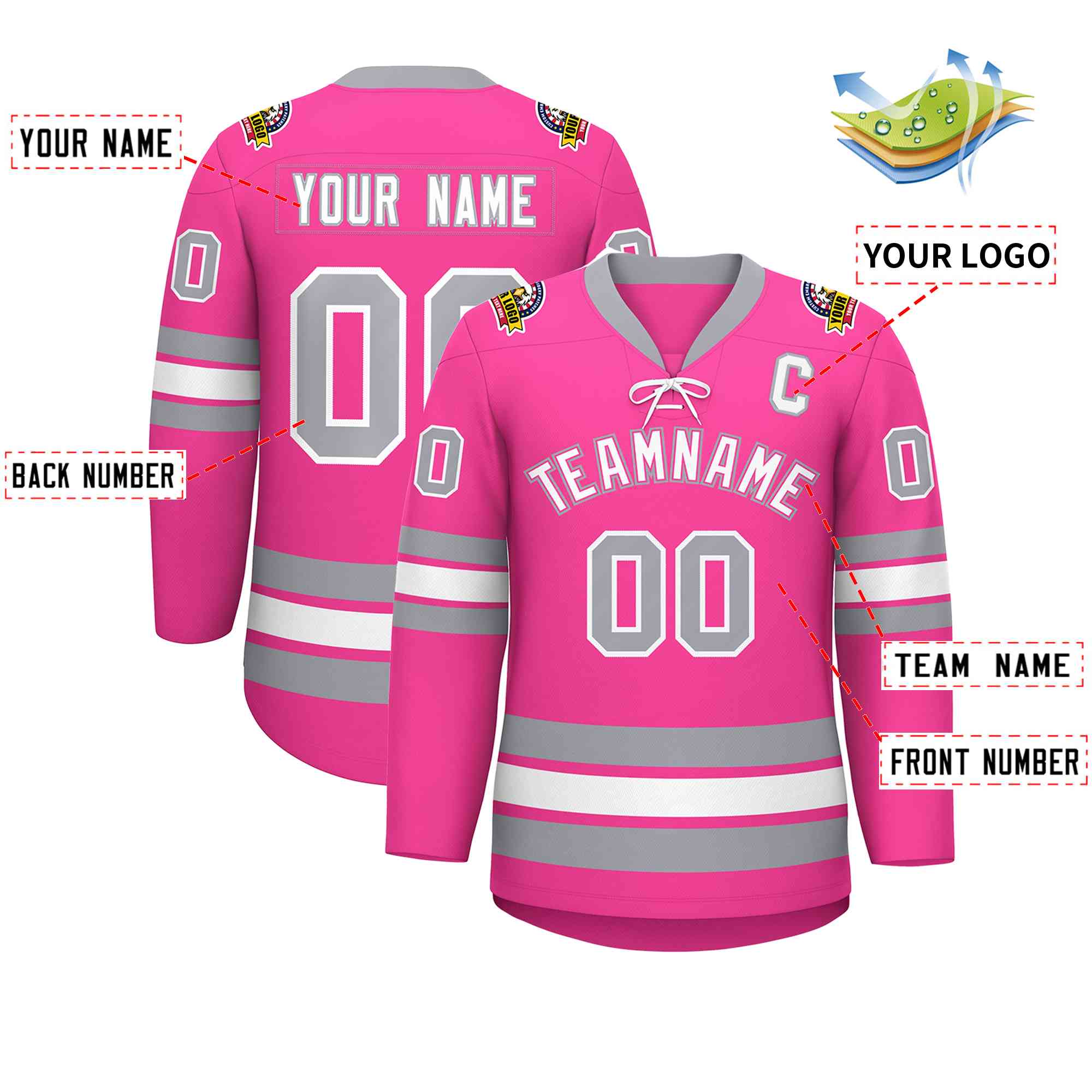 Custom Pink White-Gray Lace-Up Neck Hockey Jersey