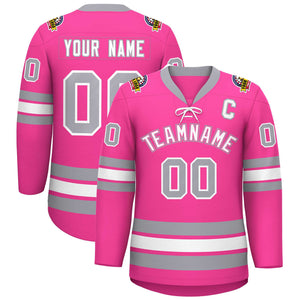 Custom Pink White-Gray Lace-Up Neck Hockey Jersey