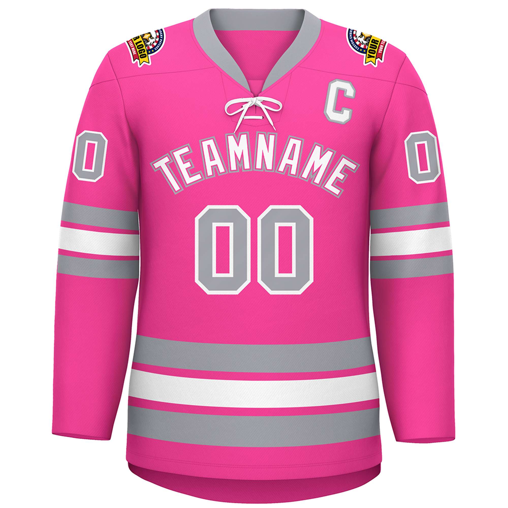 Custom Pink White-Gray Lace-Up Neck Hockey Jersey