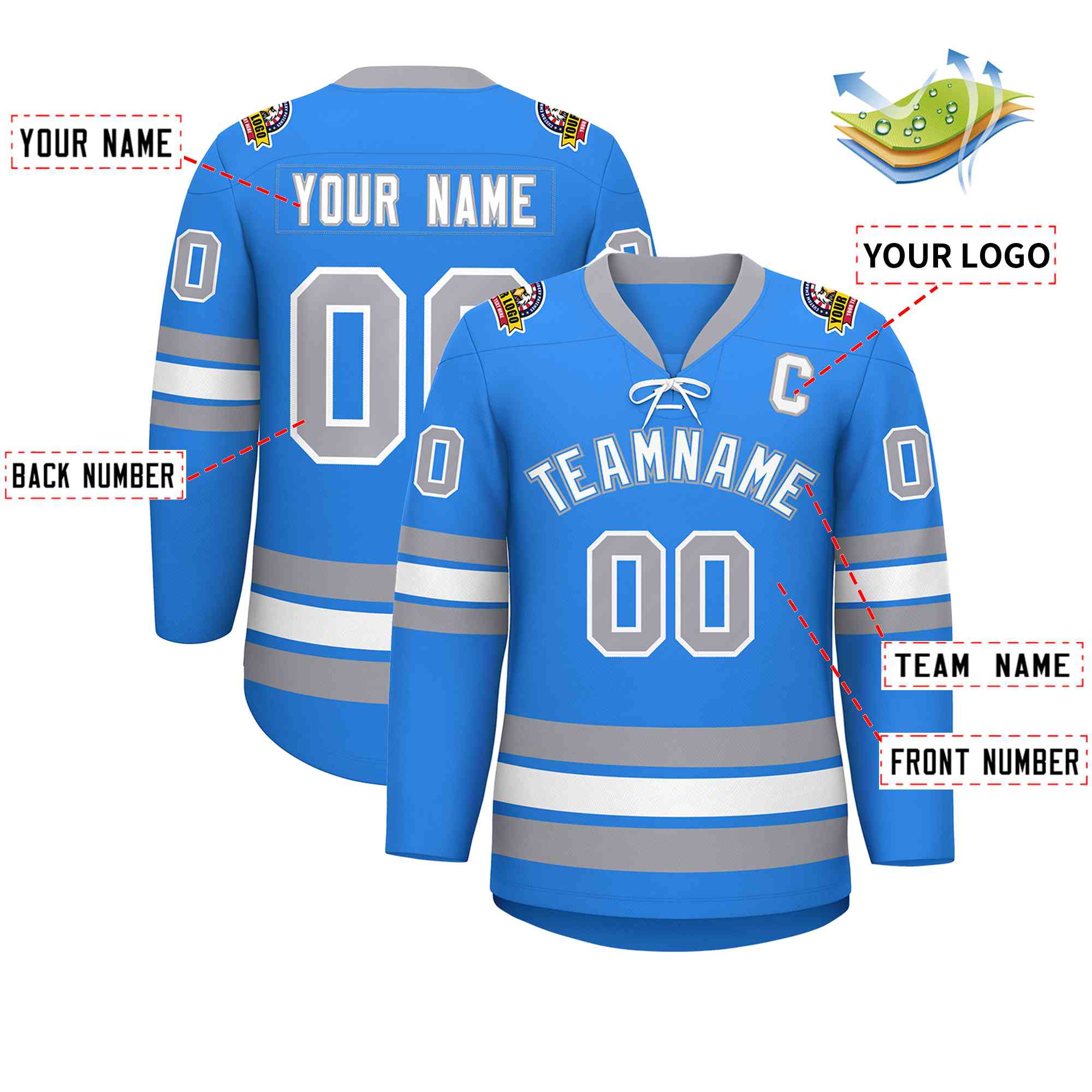 Custom Powder Blue White-Gray Lace-Up Neck Hockey Jersey