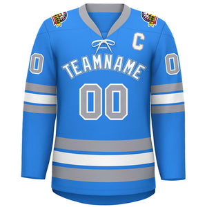 Custom Powder Blue White-Gray Lace-Up Neck Hockey Jersey