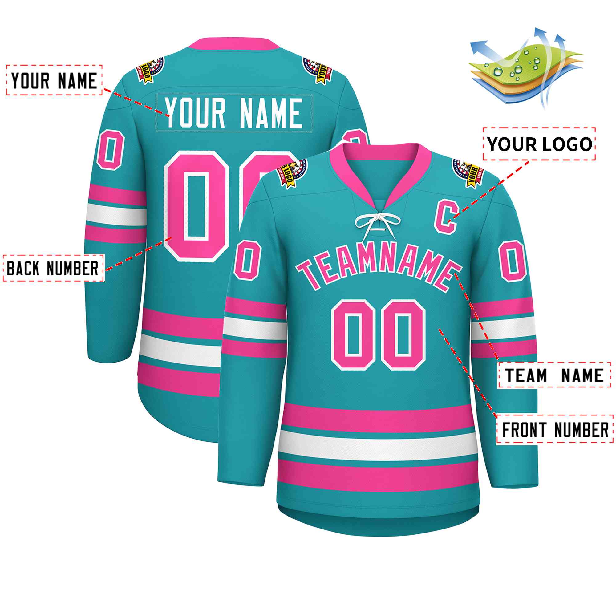 Custom Aqua Pink-White Lace-Up Neck Hockey Jersey