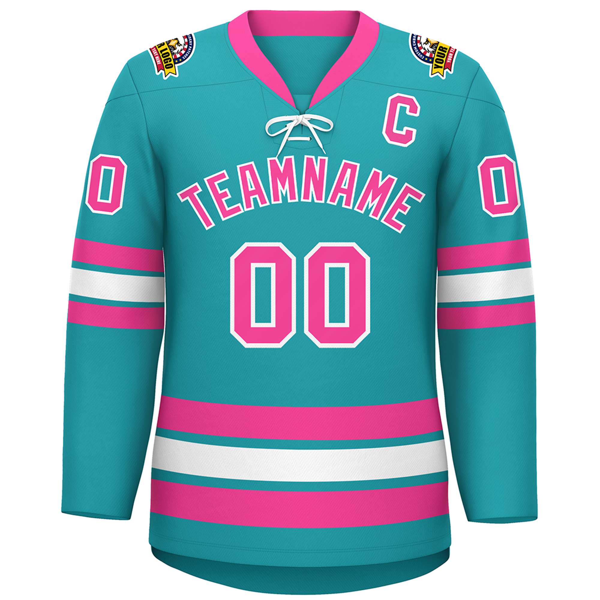 Custom Aqua Pink-White Lace-Up Neck Hockey Jersey