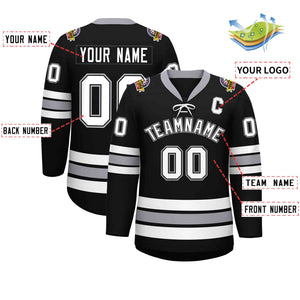 Custom Black White-Gray Lace-Up Neck Hockey Jersey