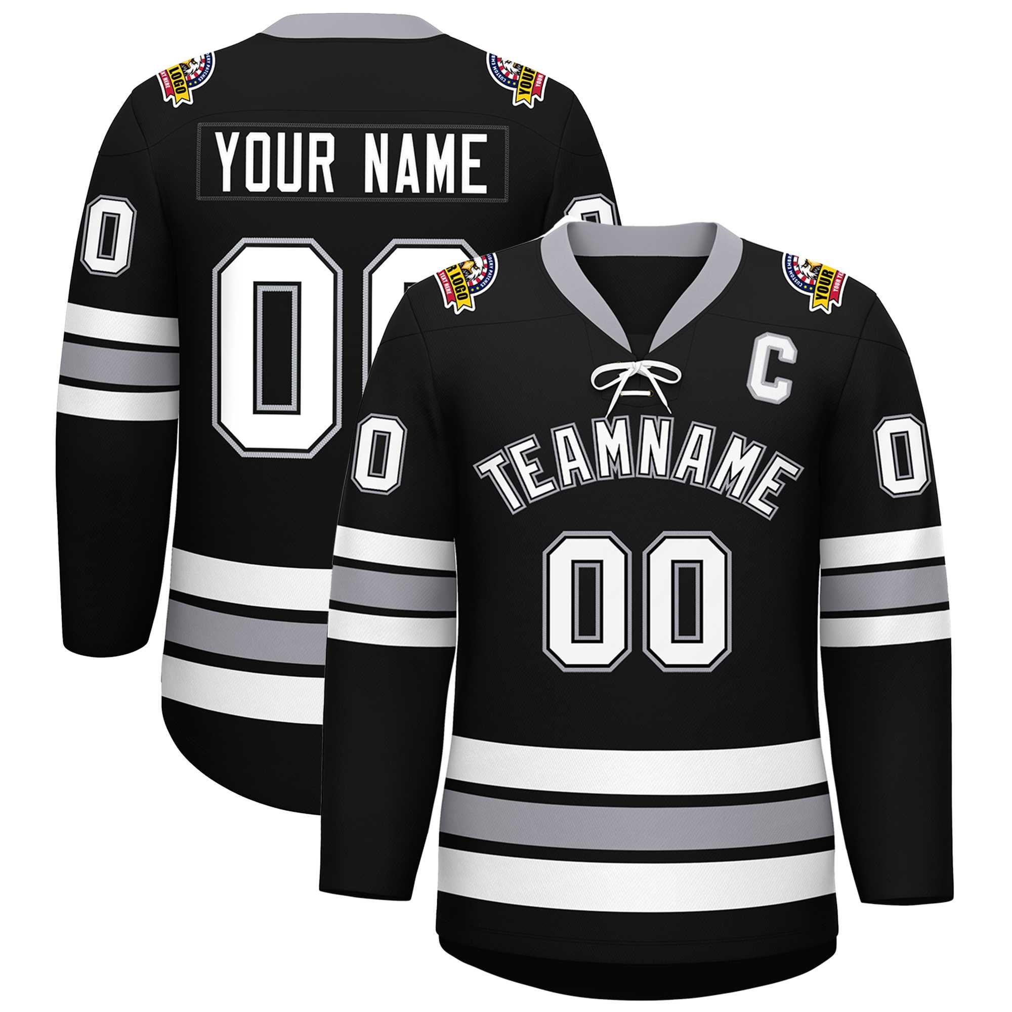 Custom Black White-Gray Lace-Up Neck Hockey Jersey