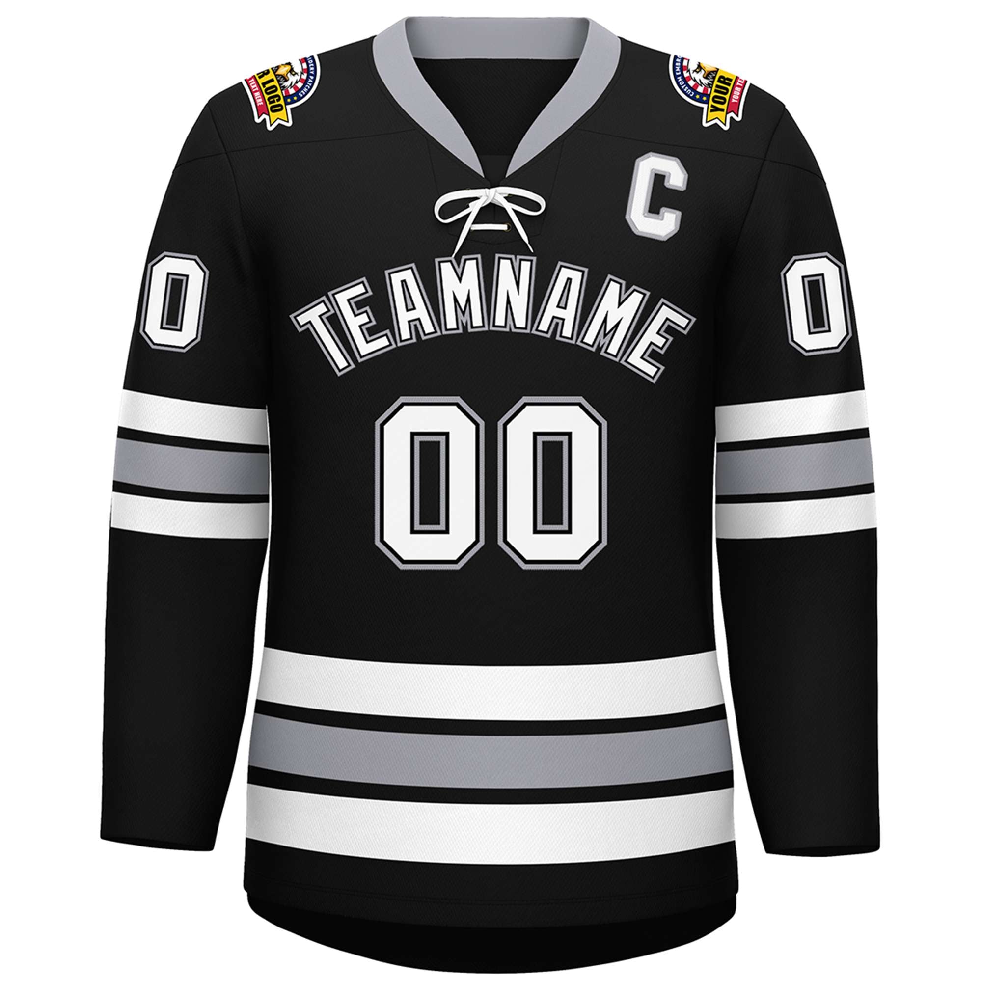 Custom Black White-Gray Lace-Up Neck Hockey Jersey