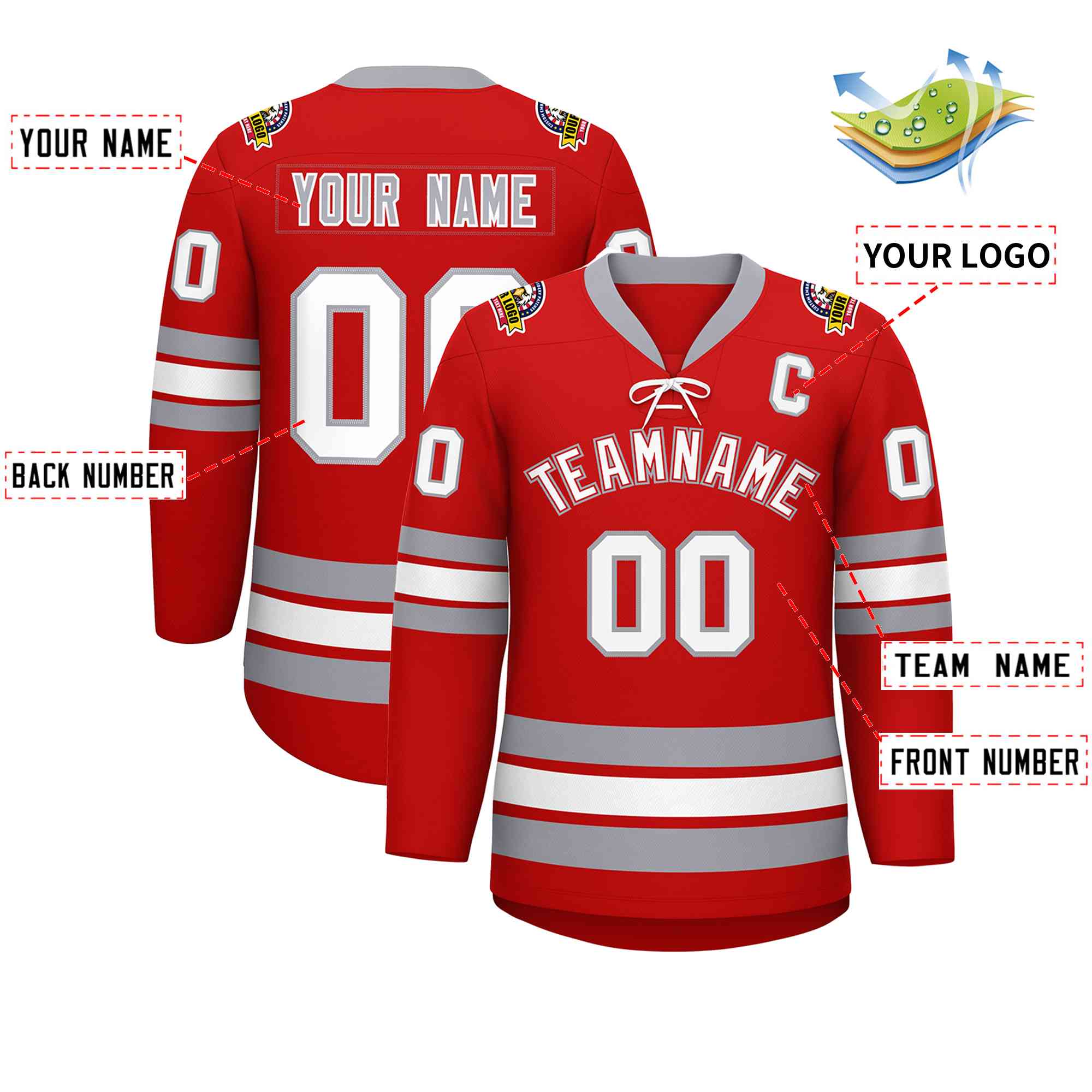 Custom Red White-Gray Lace-Up Neck Hockey Jersey