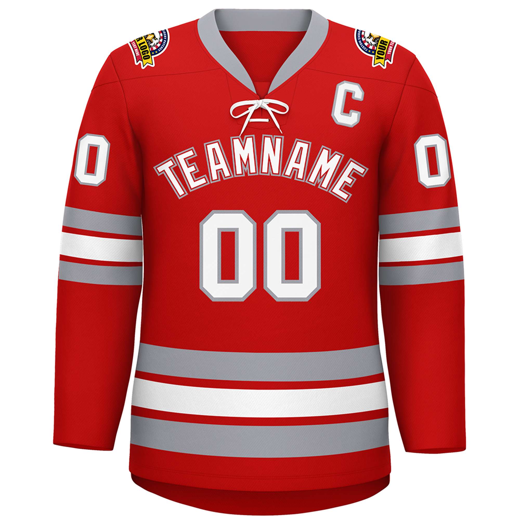 Custom Red White-Gray Lace-Up Neck Hockey Jersey