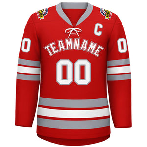 Custom Red White-Gray Lace-Up Neck Hockey Jersey