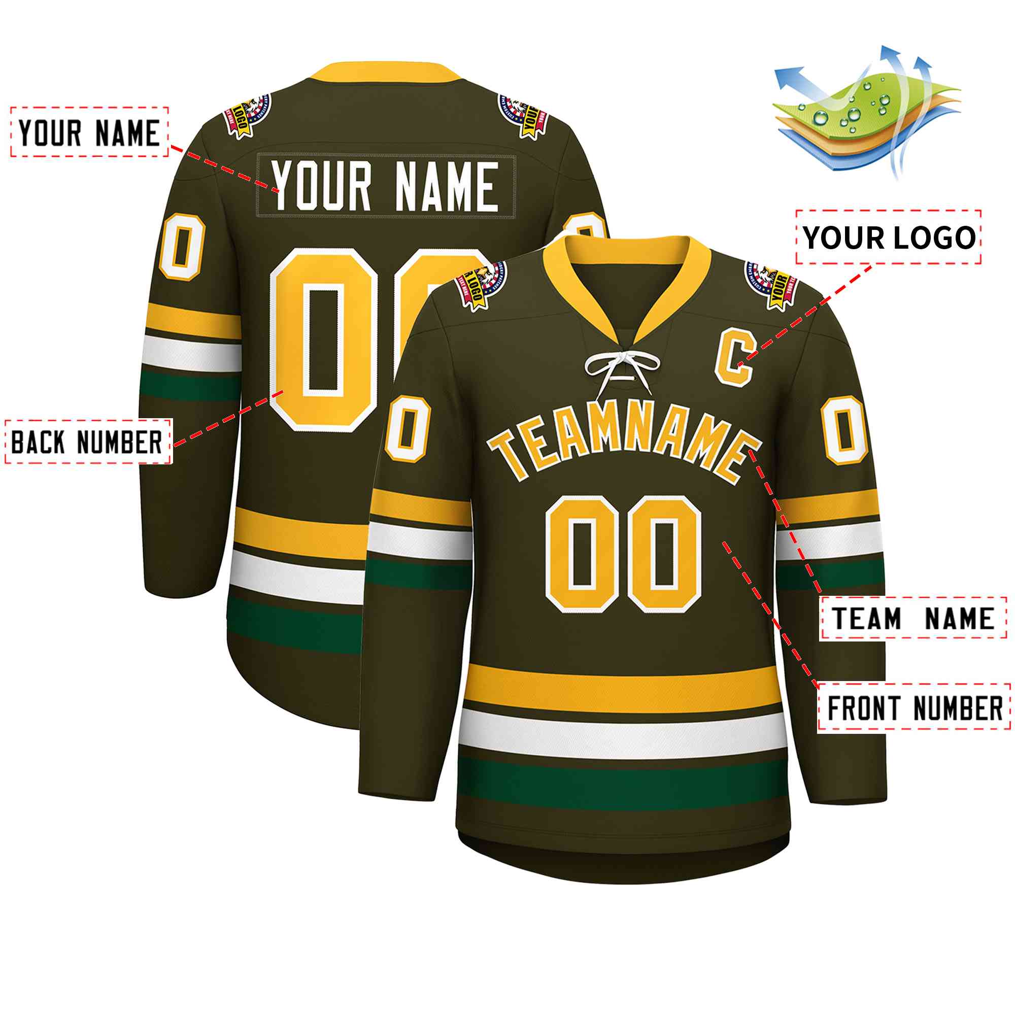 Custom Olive Yellow-White Lace-Up Neck Hockey Jersey