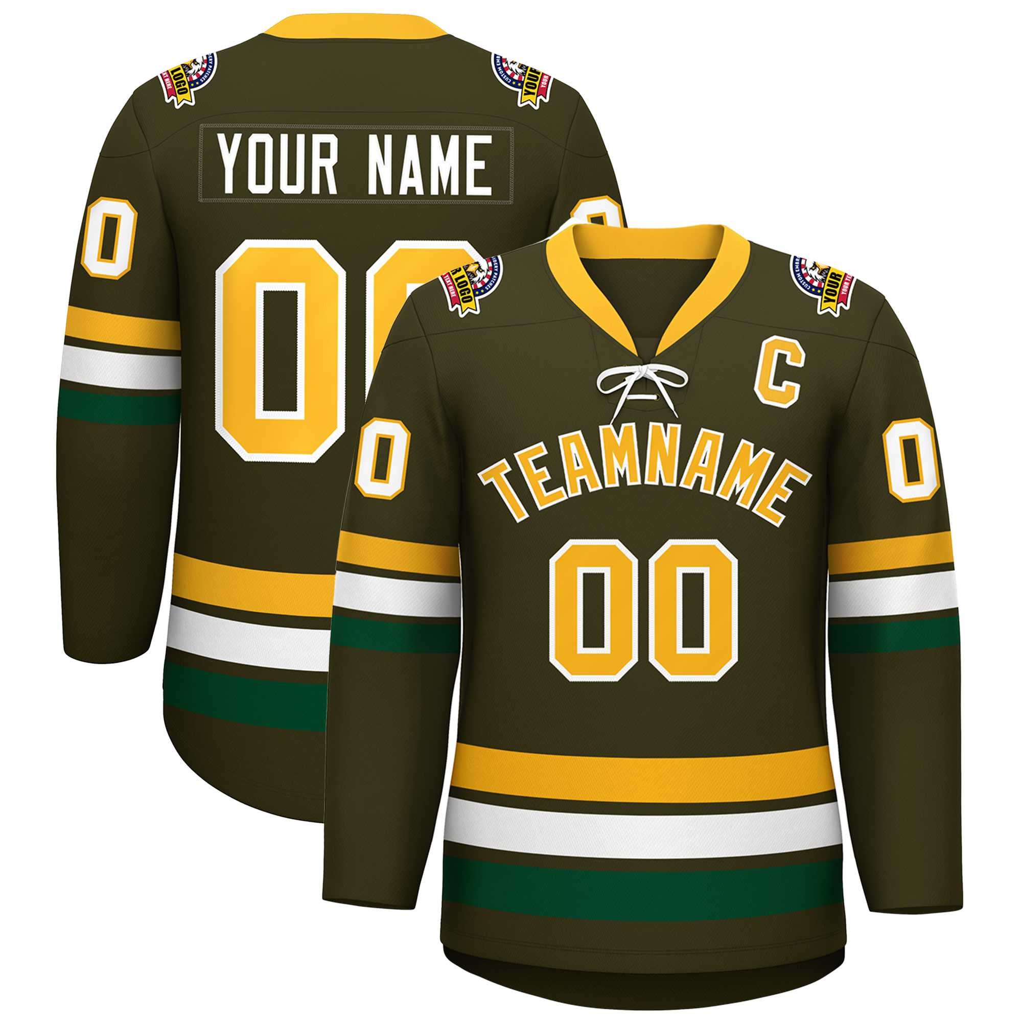 Custom Olive Yellow-White Lace-Up Neck Hockey Jersey