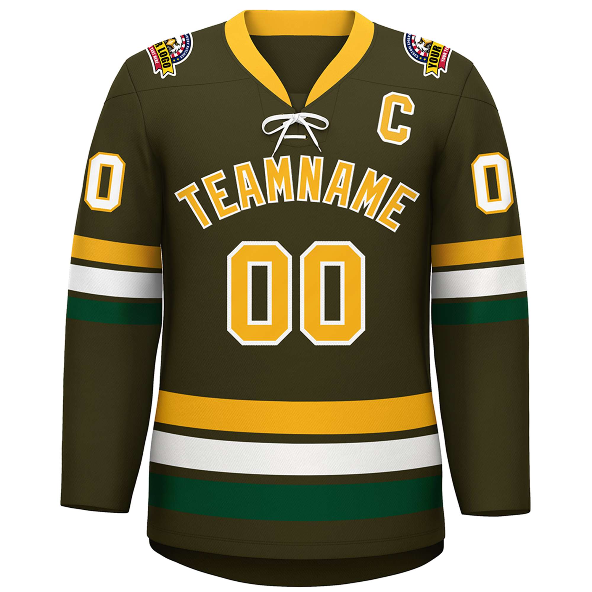 Custom Olive Yellow-White Lace-Up Neck Hockey Jersey