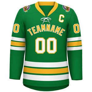 Custom Kelly Green Yellow-White Lace-Up Neck Hockey Jersey