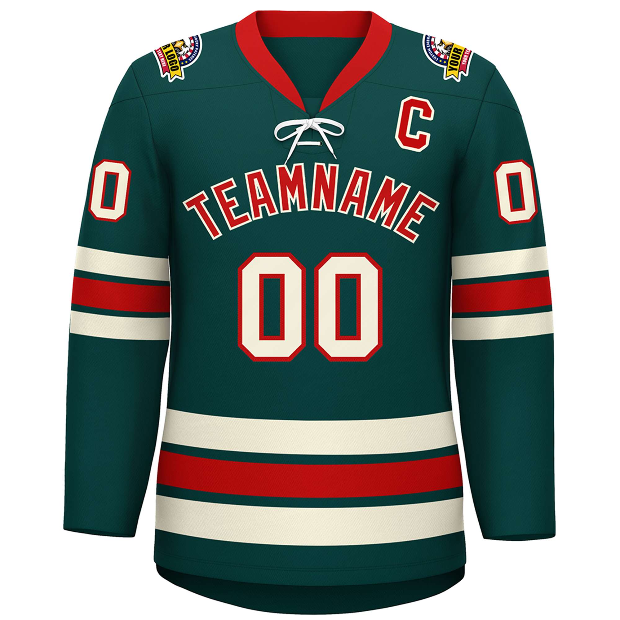 Custom Midnight Green Red-Cream Lace-Up Neck Hockey Jersey