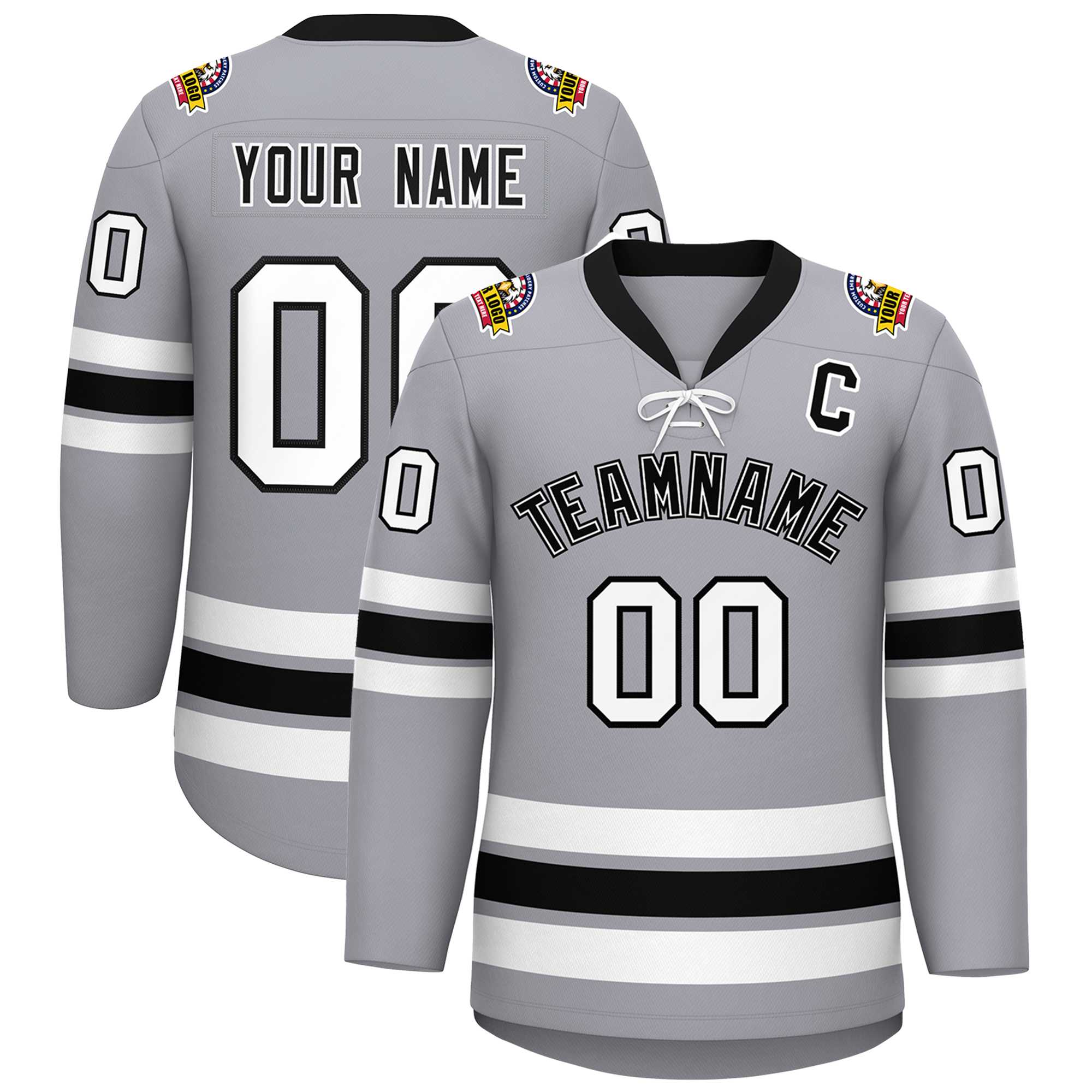 Custom Gray Black-White Lace-Up Neck Hockey Jersey