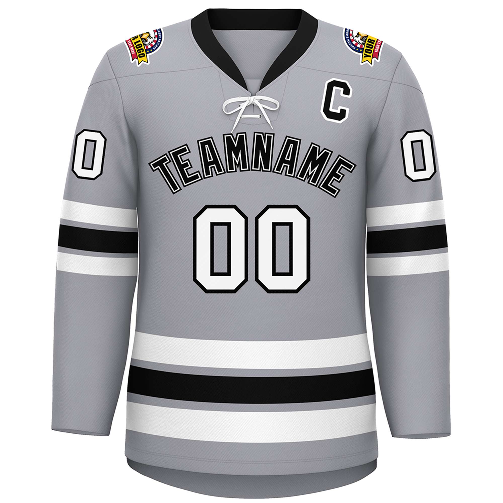 Custom Gray Black-White Lace-Up Neck Hockey Jersey