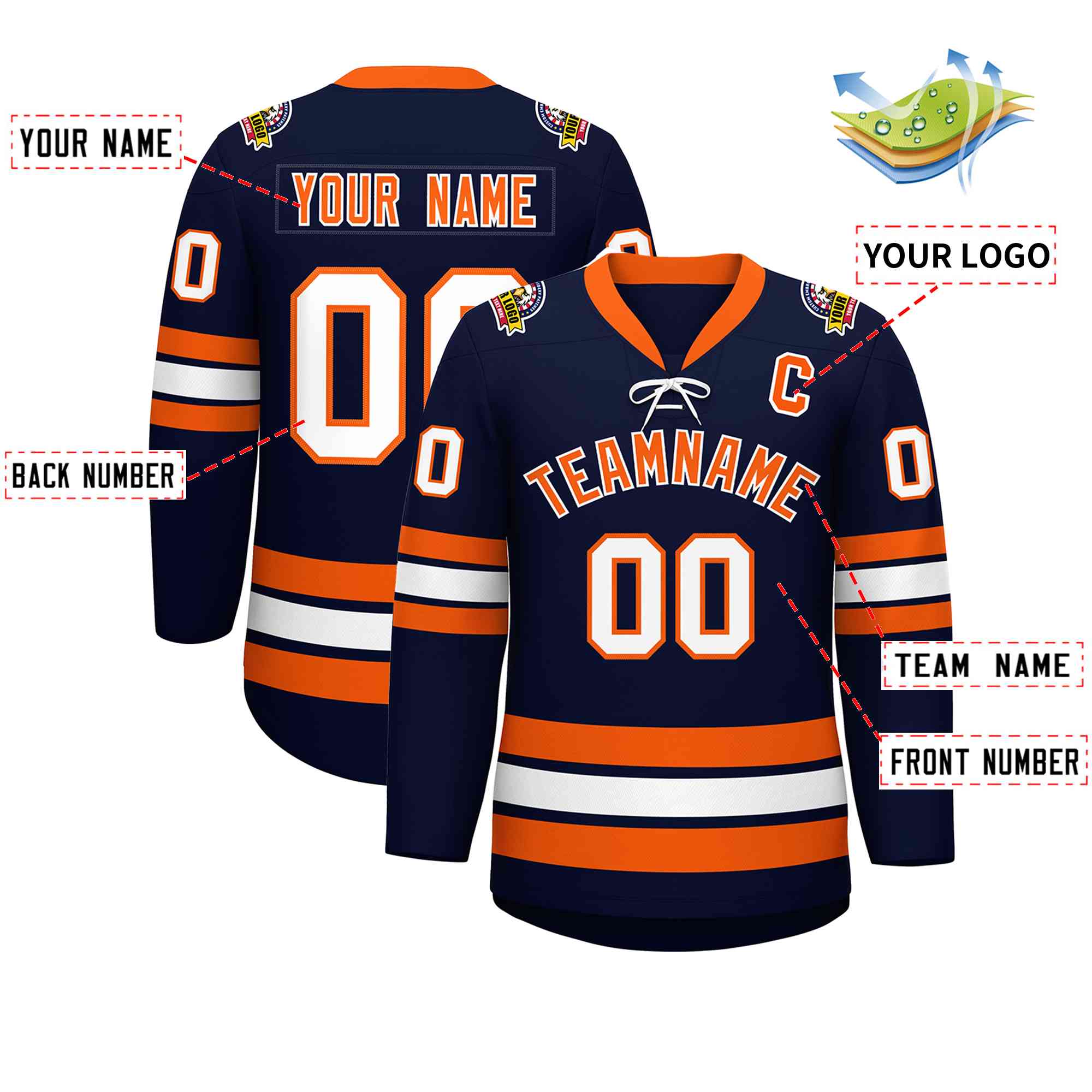 Custom Navy Orange-White Lace-Up Neck Hockey Jersey