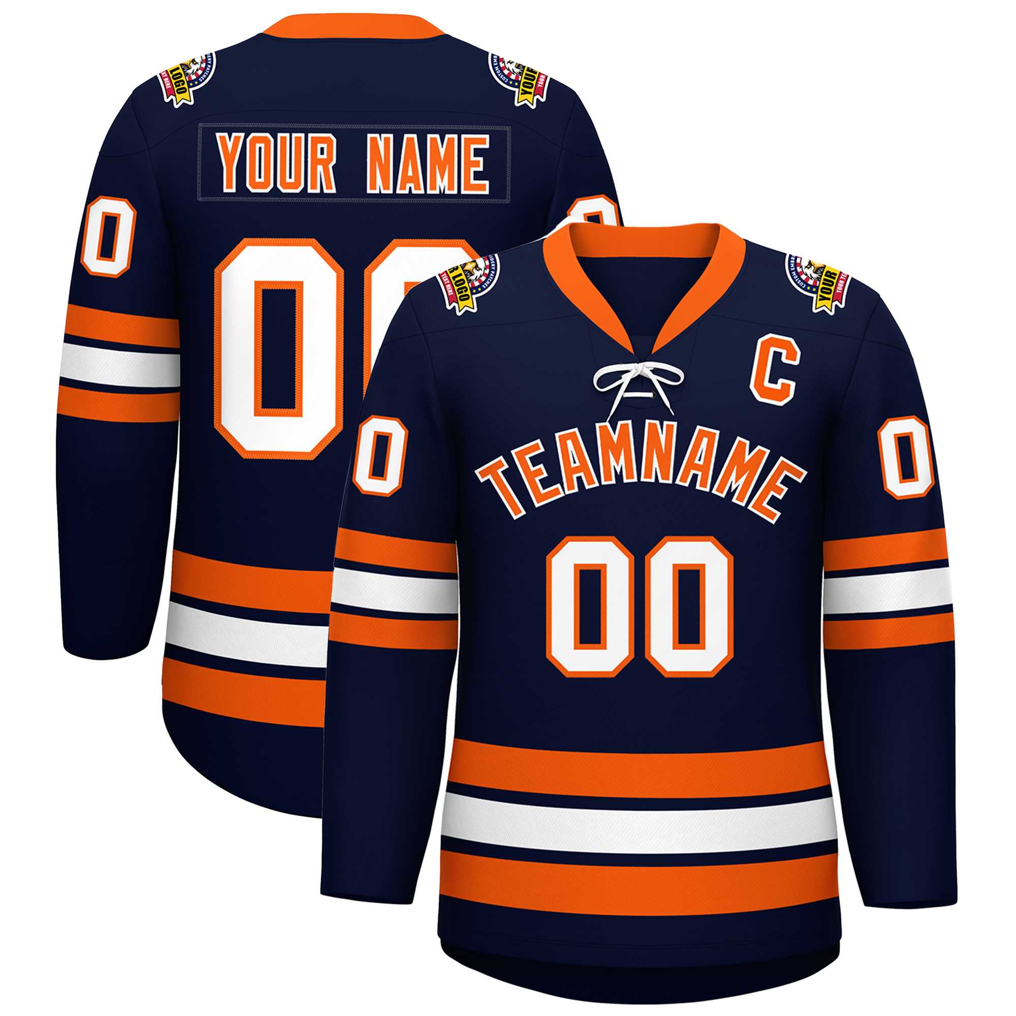 Custom Navy Orange-White Lace-Up Neck Hockey Jersey