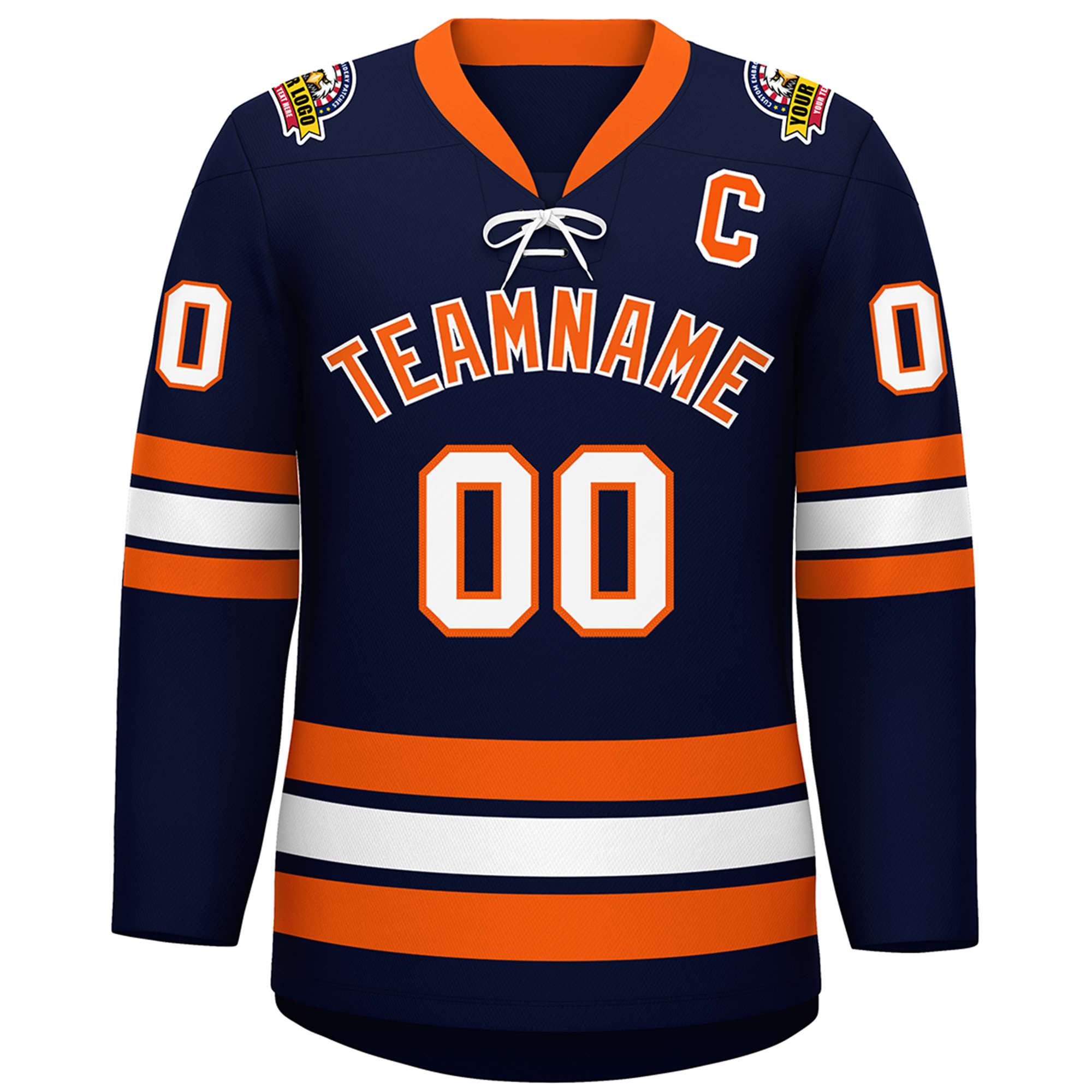 Custom Navy Orange-White Lace-Up Neck Hockey Jersey