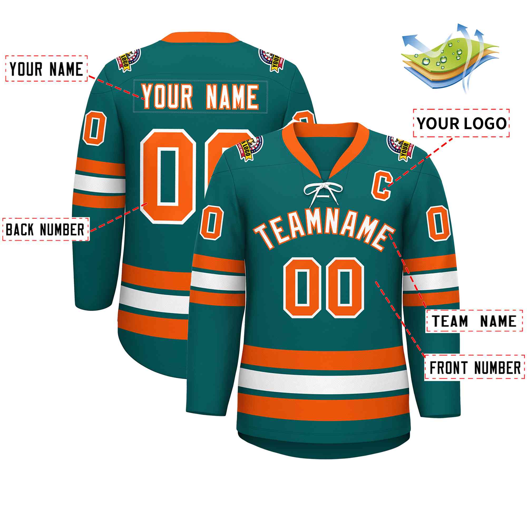 Custom Aqua White-Orange Lace-Up Neck Hockey Jersey