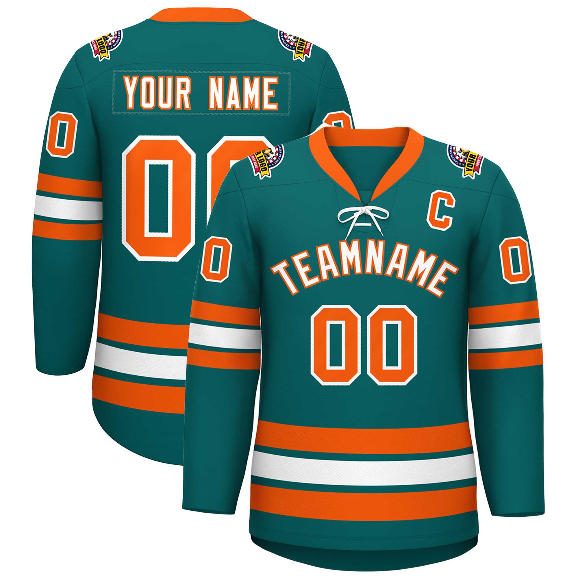 Custom Aqua White-Orange Lace-Up Neck Hockey Jersey