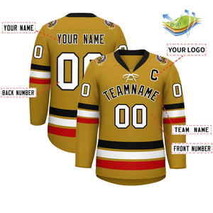 Custom Old Gold Black-White Lace-Up Neck Hockey Jersey