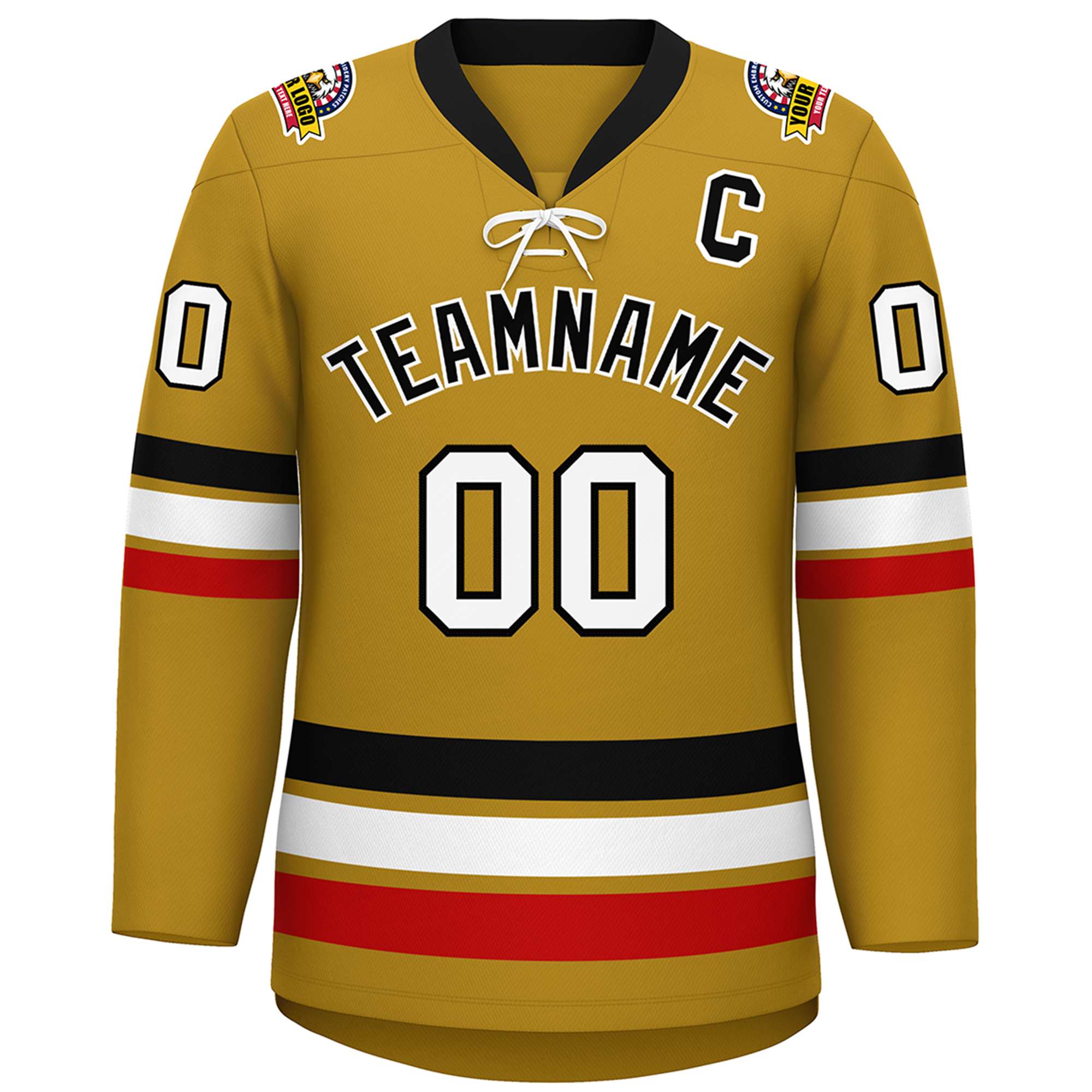 Custom Old Gold Black-White Lace-Up Neck Hockey Jersey