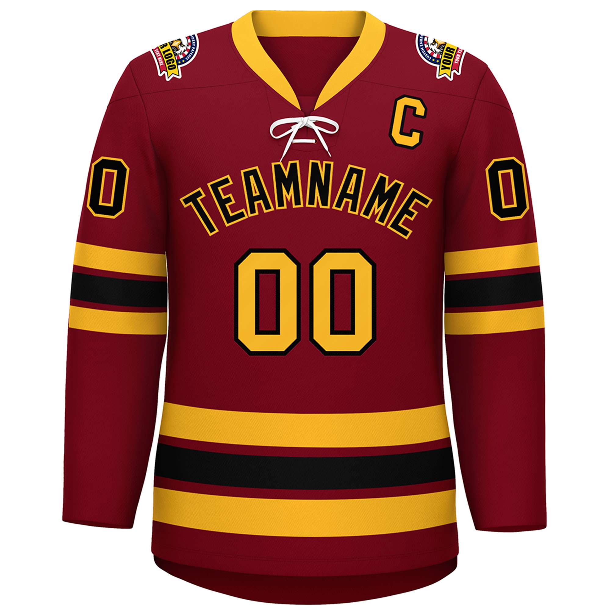 Custom Crimson Black-Yellow Lace-Up Neck Hockey Jersey