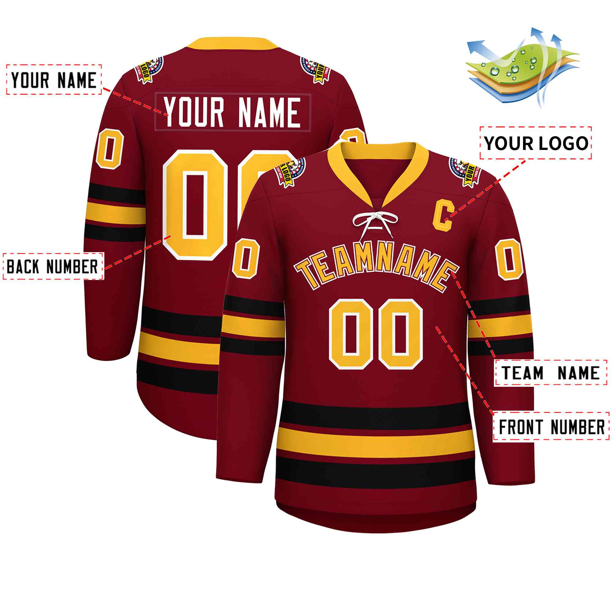 Custom Crimson Yellow-Black Lace-Up Neck Hockey Jersey