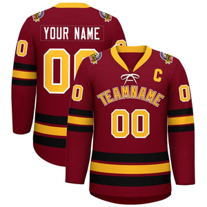 Custom Crimson Yellow-Black Lace-Up Neck Hockey Jersey