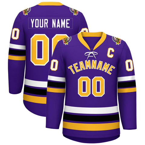 Custom Purple Yellow-White Lace-Up Neck Hockey Jersey