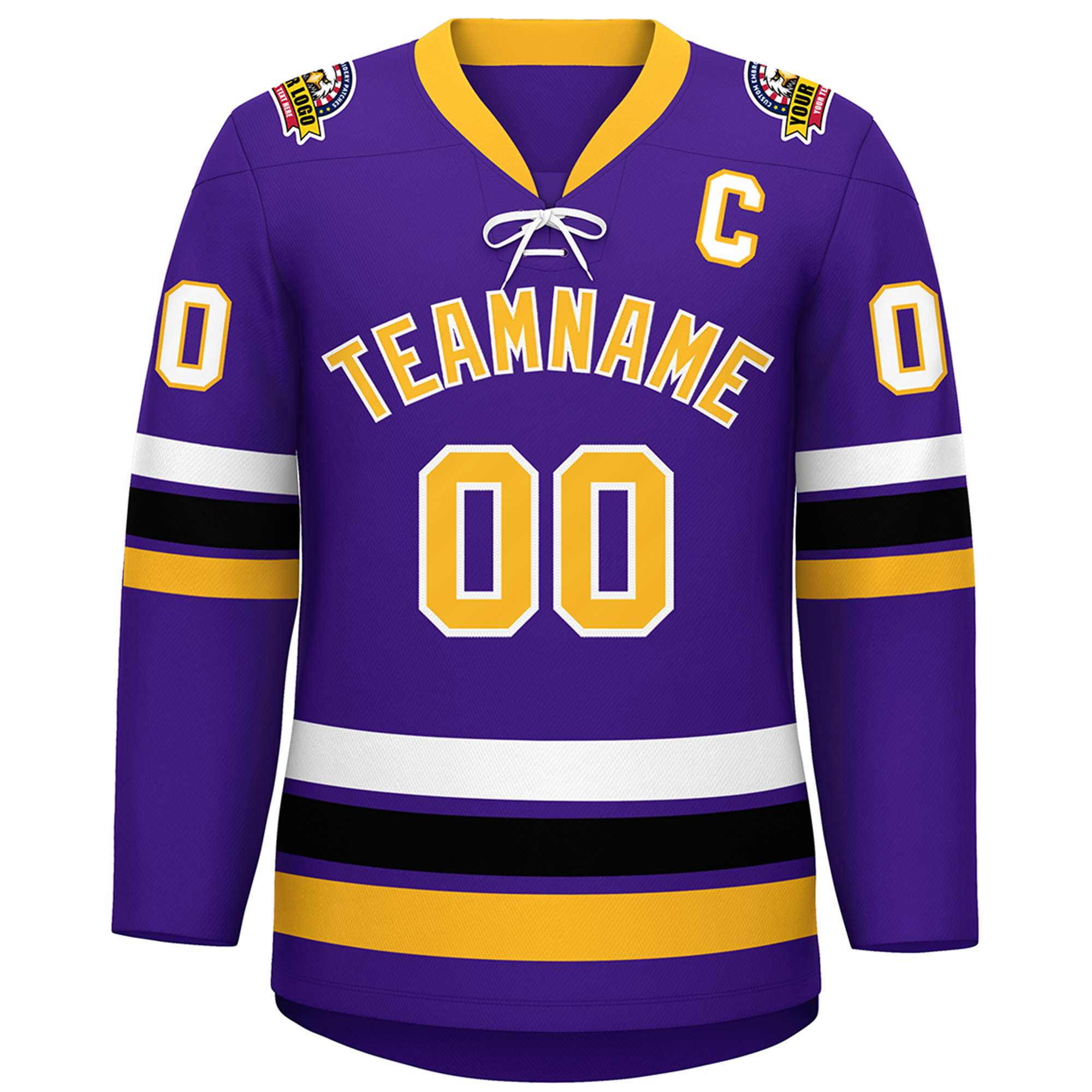 Custom Purple Yellow-White Lace-Up Neck Hockey Jersey