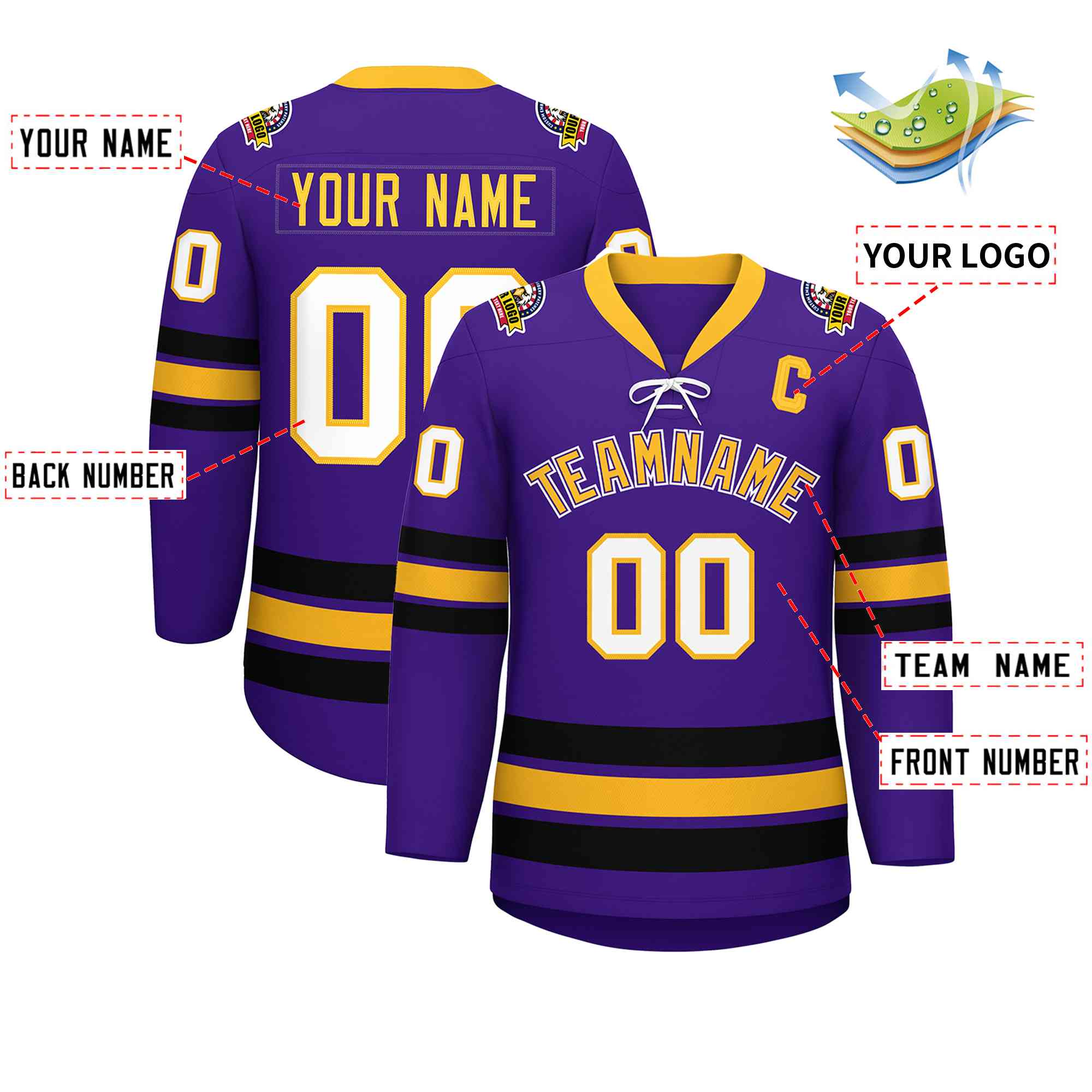 Custom Purple Yellow-Black Lace-Up Neck Hockey Jersey