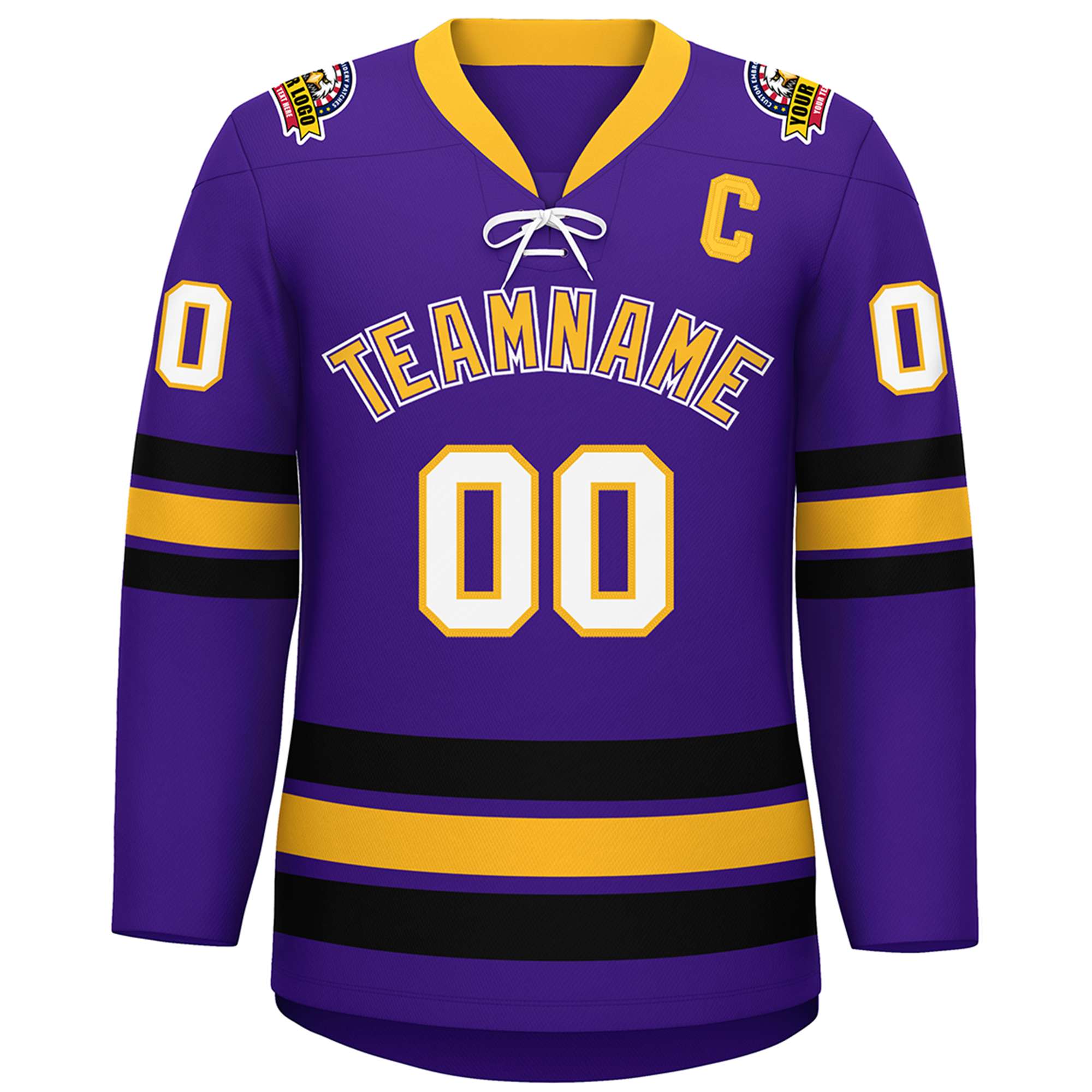 Custom Purple Yellow-Black Lace-Up Neck Hockey Jersey