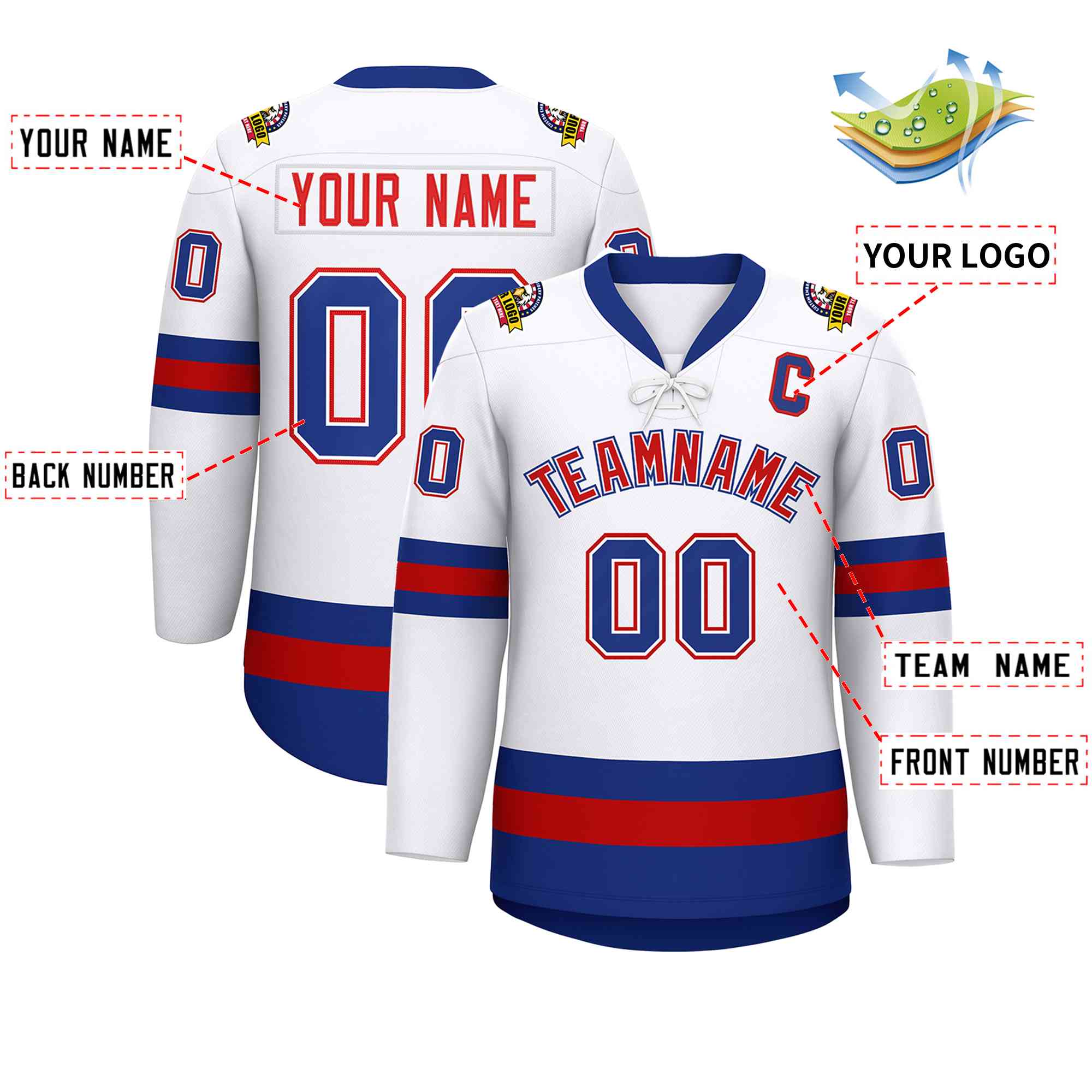 Custom White Red-Royal Lace-Up Neck Hockey Jersey